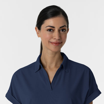 RENEW 6934 Women’s Flex-n-Reach Collared Scrub Top Navy Model Image Left Side | Wink