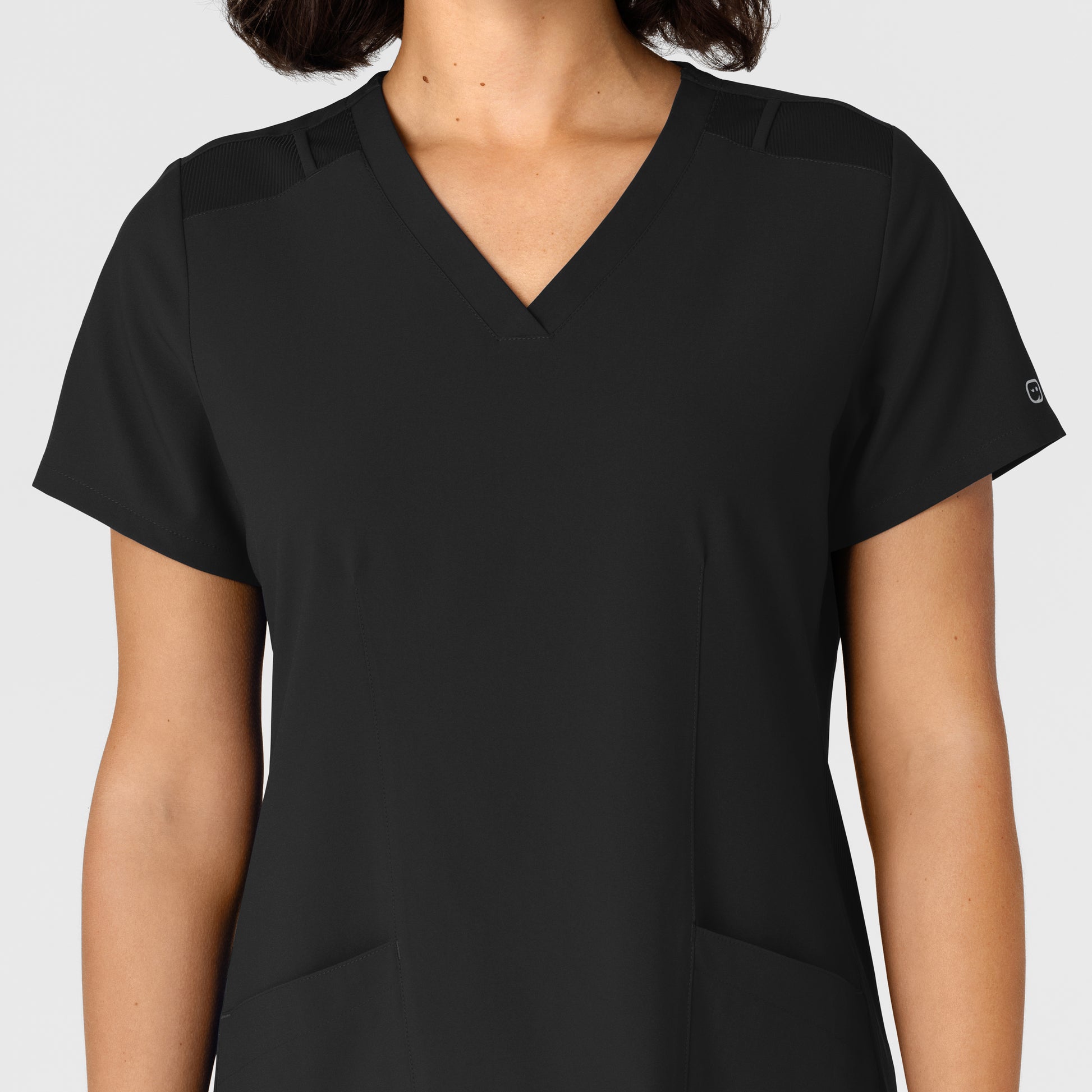 W123 6145 Flex-n-Reach Side Panel V-Neck Scrub Top Black Model Image Left Side | Wink