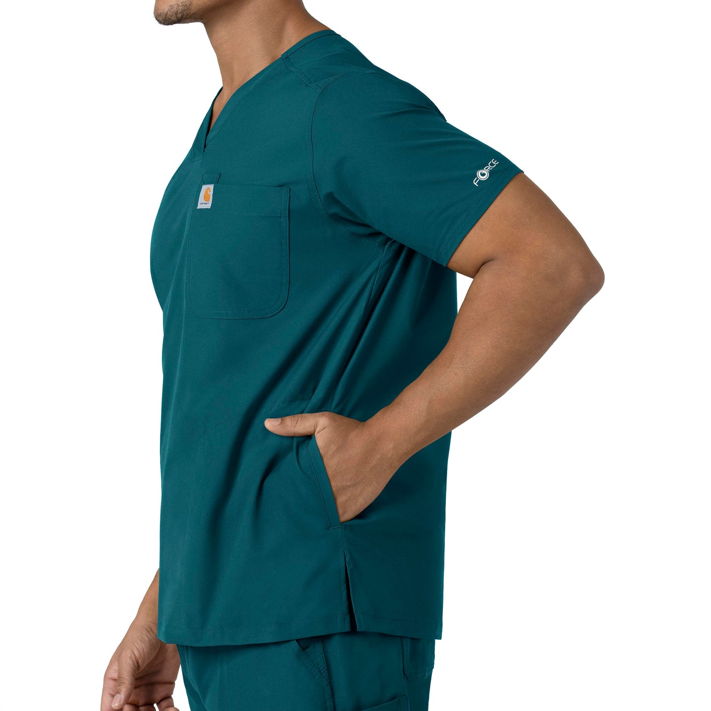 Force Essentials C16113 Men's V-Neck Shirttail Scrub Top Caribbean Blue Model Image Alternate | Carhartt