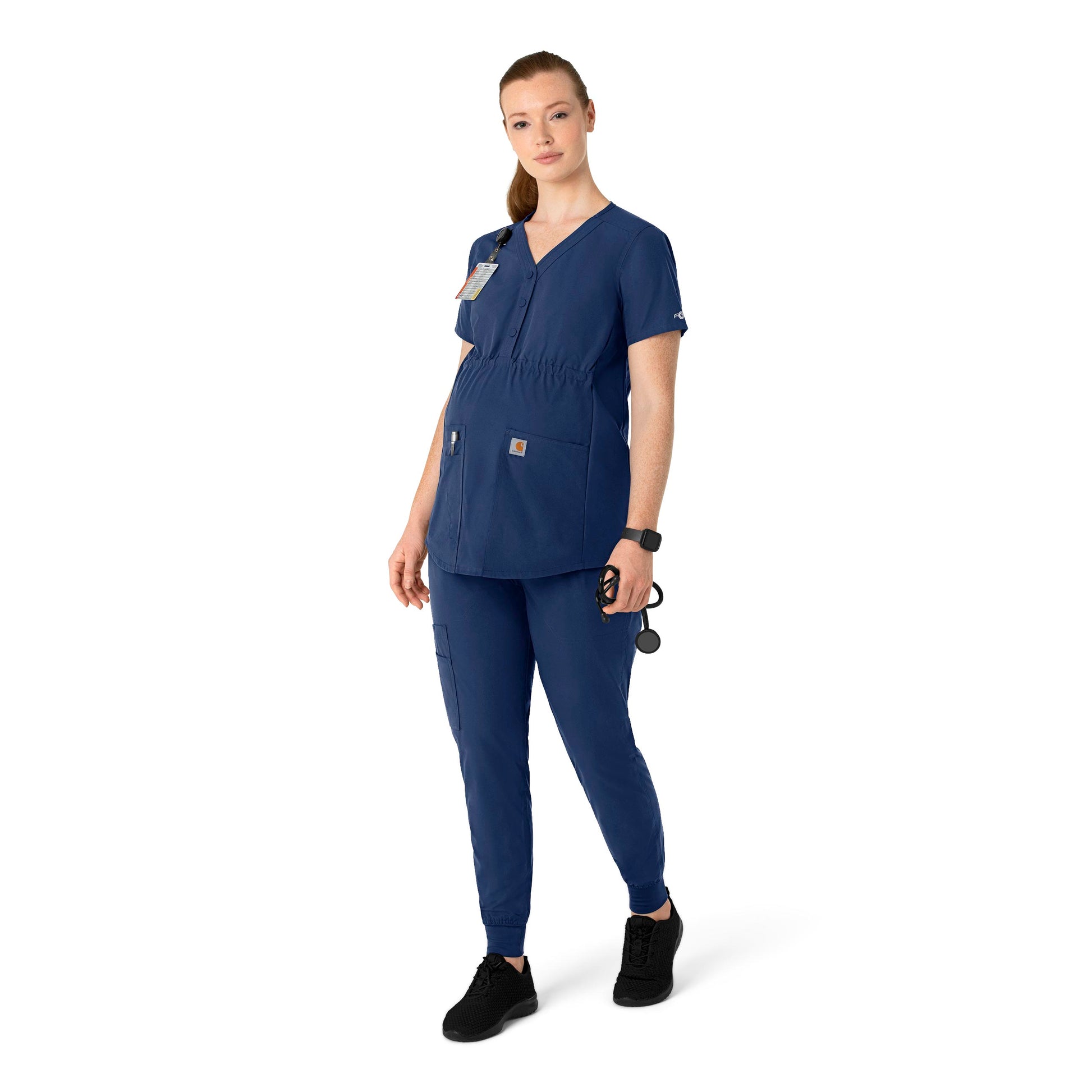 Force Essentials C14113 Henley Maternity Scrub Top Navy Model Image Right Side | Carhartt