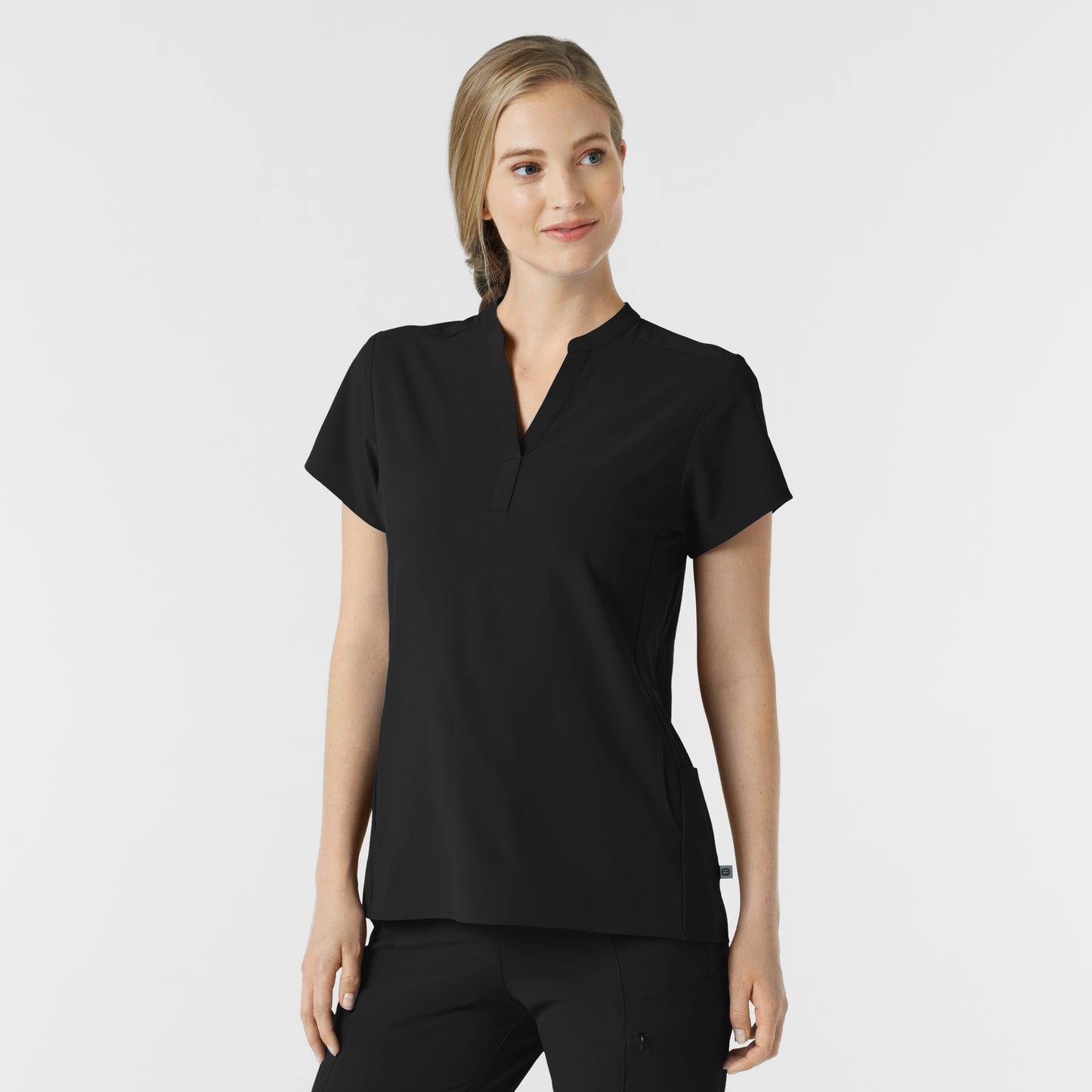 RENEW 6734 Mandarin Collar Scrub Top Black Model Image Right Side | Wink