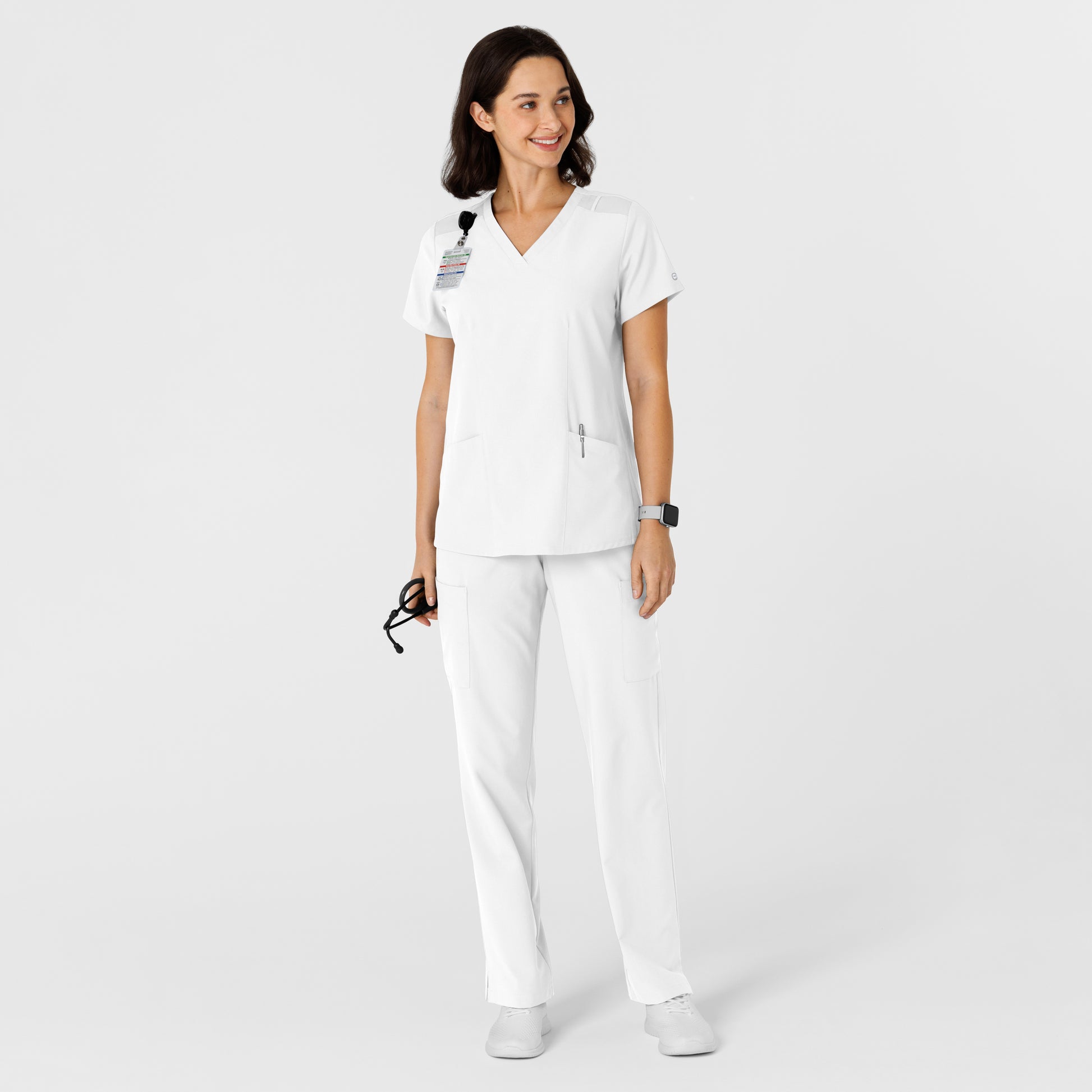 W123 6145 Flex-n-Reach Side Panel V-Neck Scrub Top White Model Image Alternate | Wink