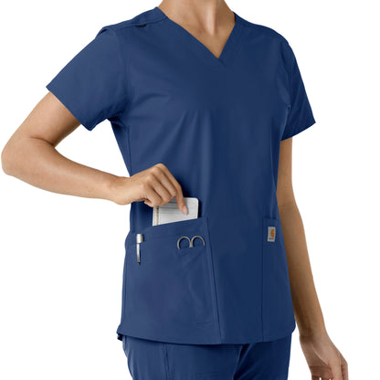 Force Essentials C12313 V-Neck Knit Panel Scrub Top Navy Model Image Alternate | Carhartt