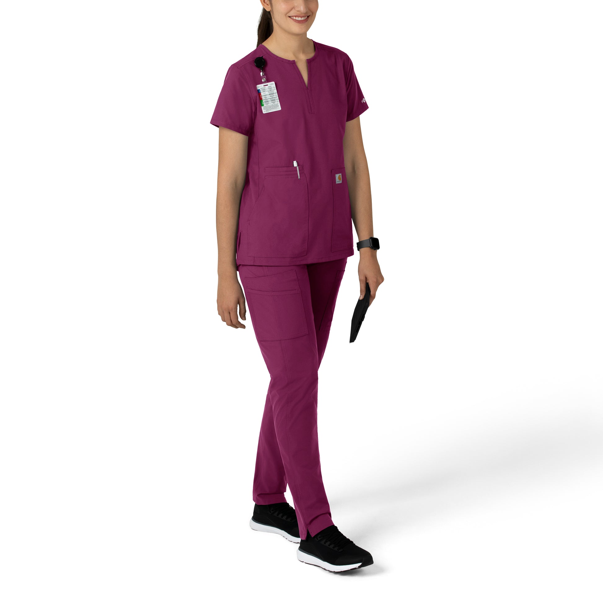 Force Essentials C12213 Notch Neck Tunic Scrub Top Wine Model Image Right Side | Carhartt