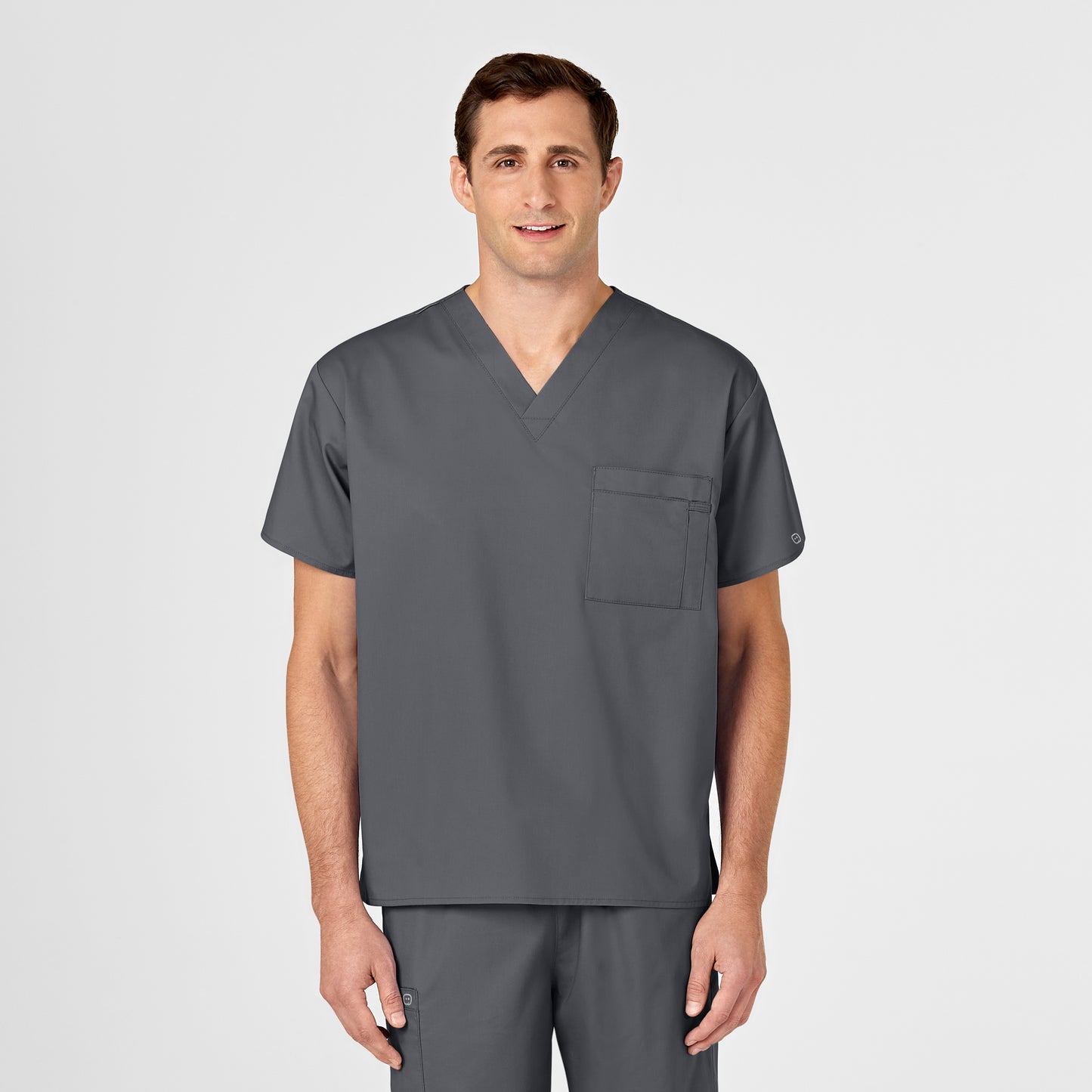 WonderWORK 100 Unisex V-Neck Scrub Top Pewter Model Image Left Side | Wink