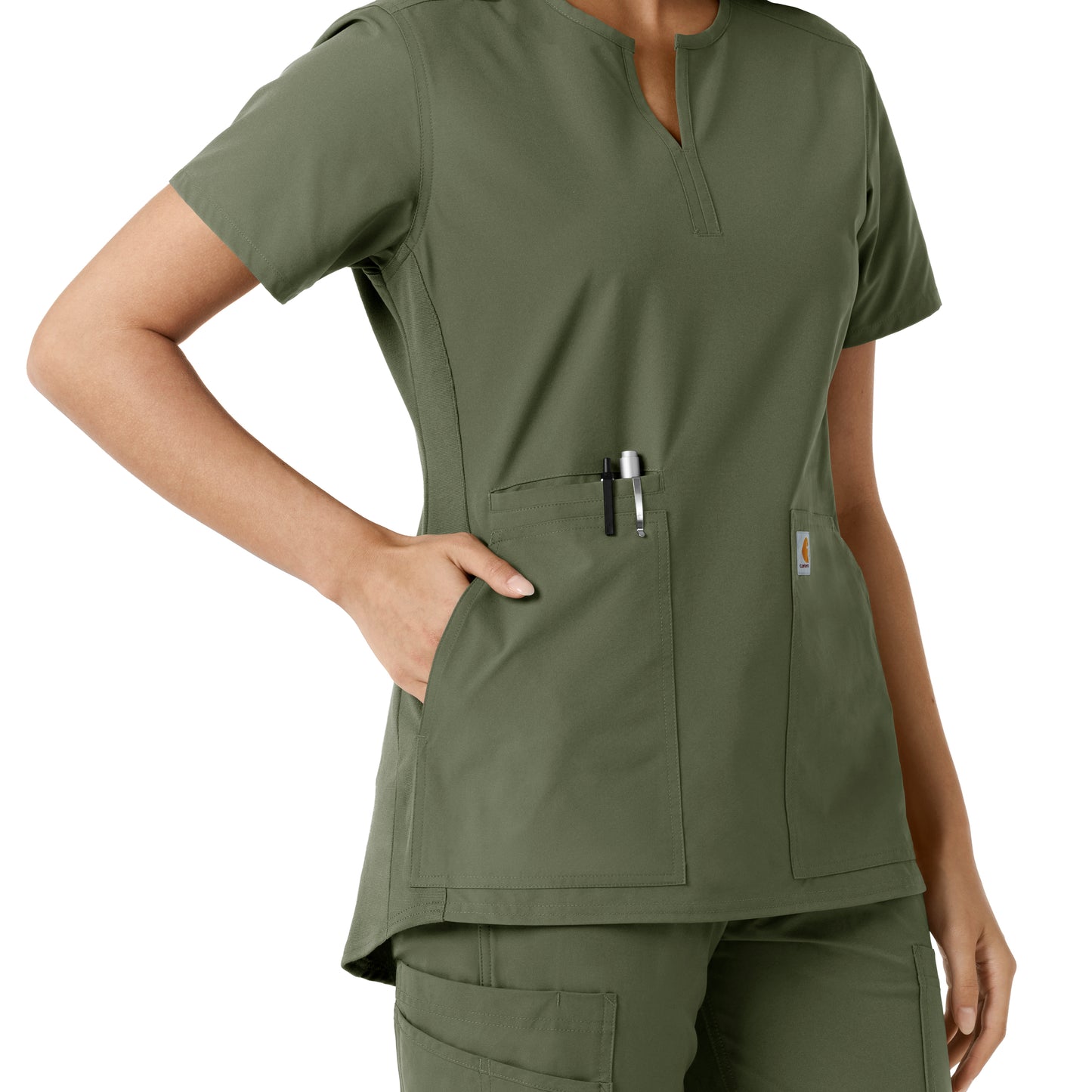 Force Essentials C12413 Notch Neck Tunic Knit Panel Scrub Top Olive Model Image Alternate | Carhartt