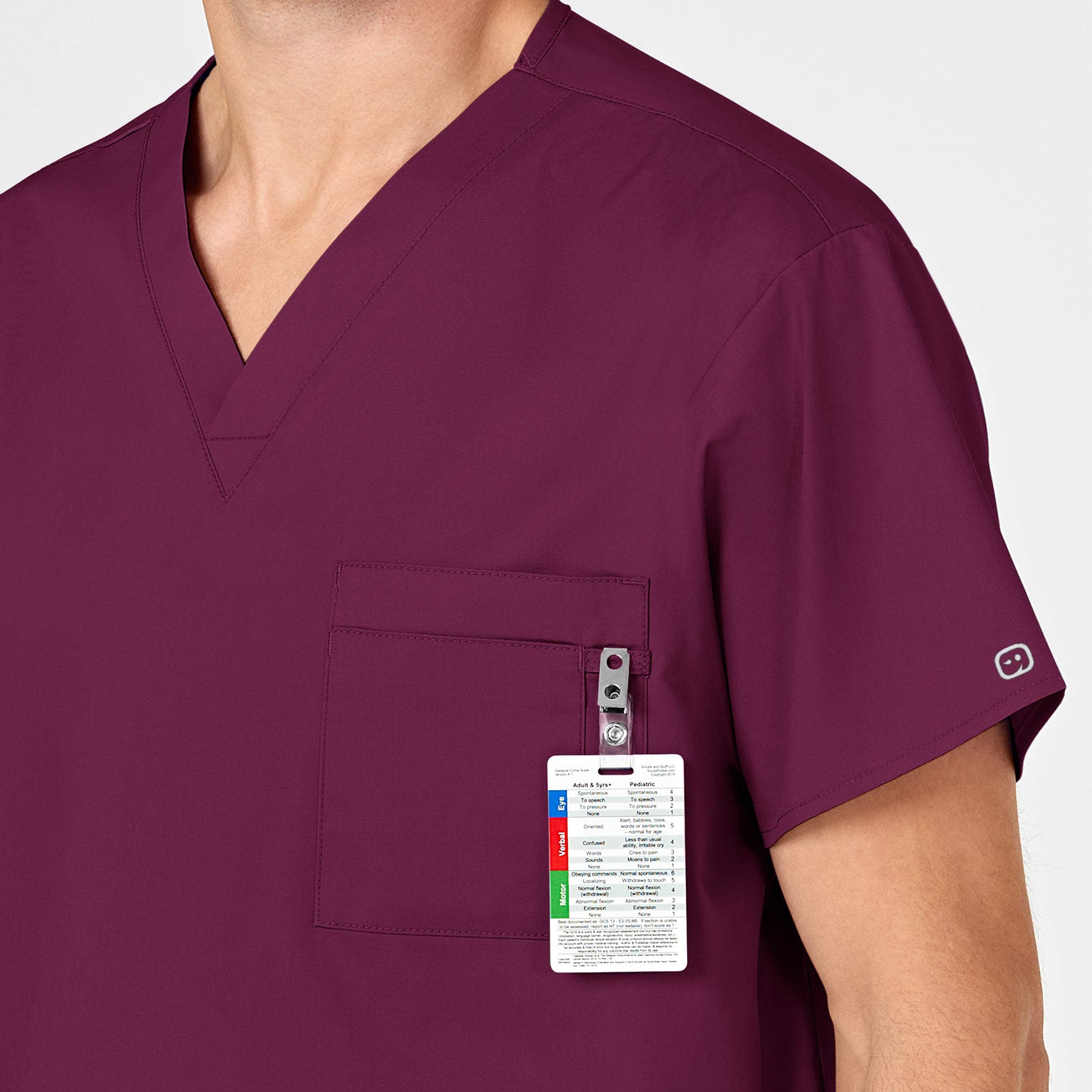 WonderWORK 100 Unisex V-Neck Scrub Top Wine Model Image Alternate | Wink