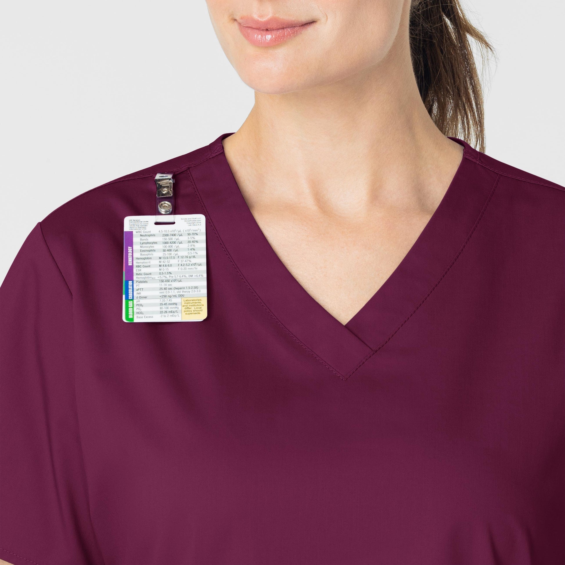 WonderWORK 101 V-Neck Scrub Top Wine Model Image Alternate | Wink