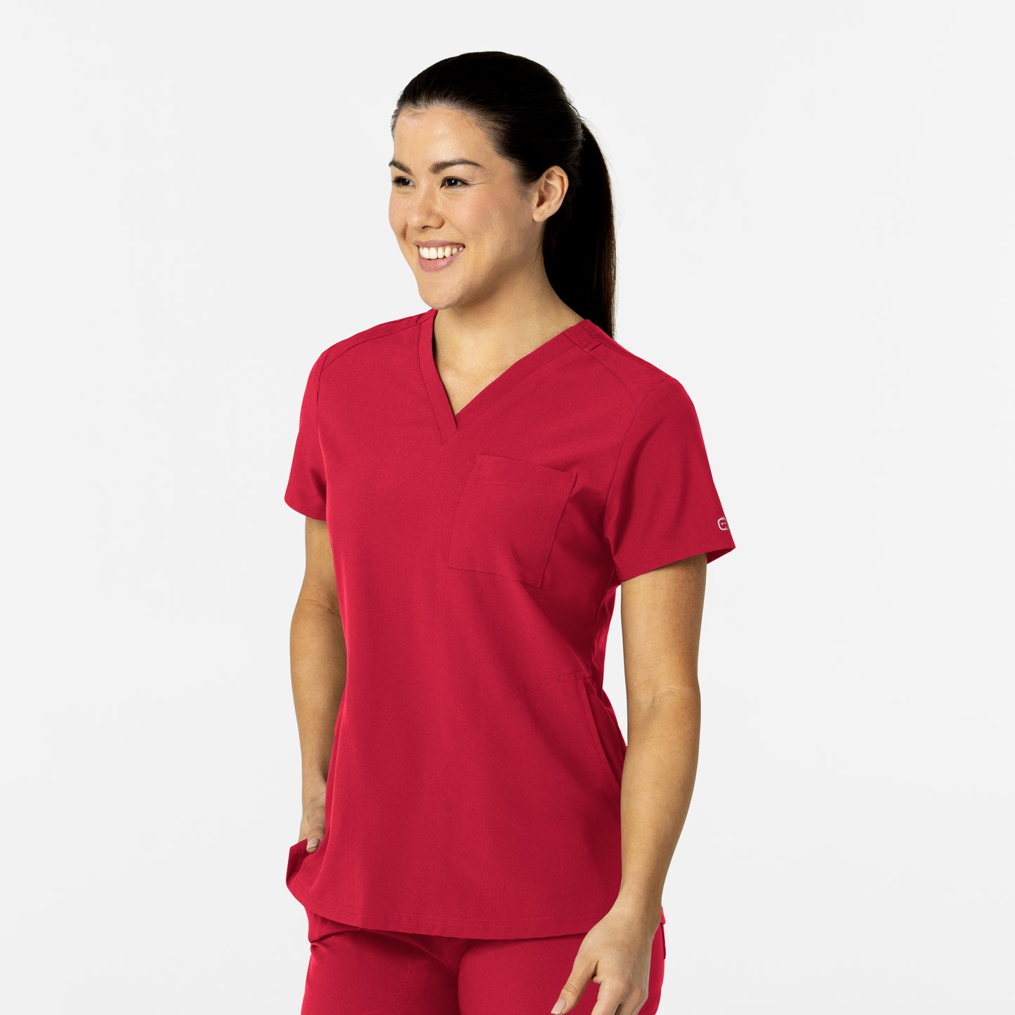 W123 6045 Flex-n-Reach V-Neck Scrub Top Red Model Image Right Side | Wink