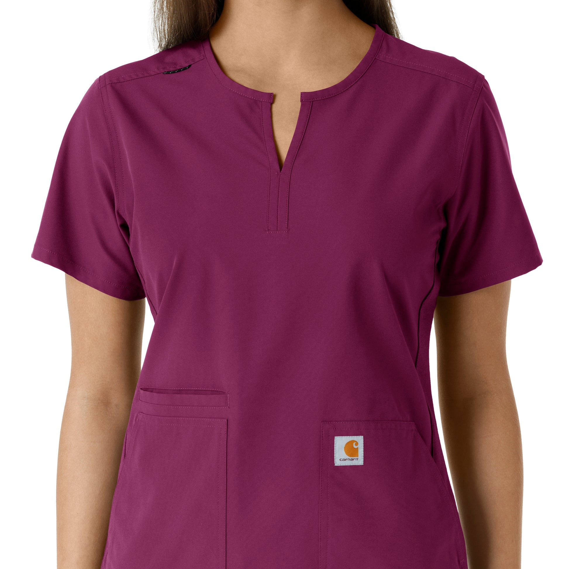 Force Essentials C12413 Notch Neck Tunic Knit Panel Scrub Top Wine Model Image Left Side | Carhartt