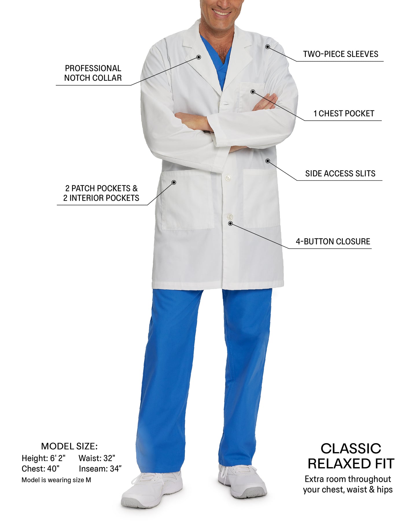 Essential Lab Coats 3124 Men's 5 Pocket Full Length White Coat White 8 Oz 100% Cotton Twill Image