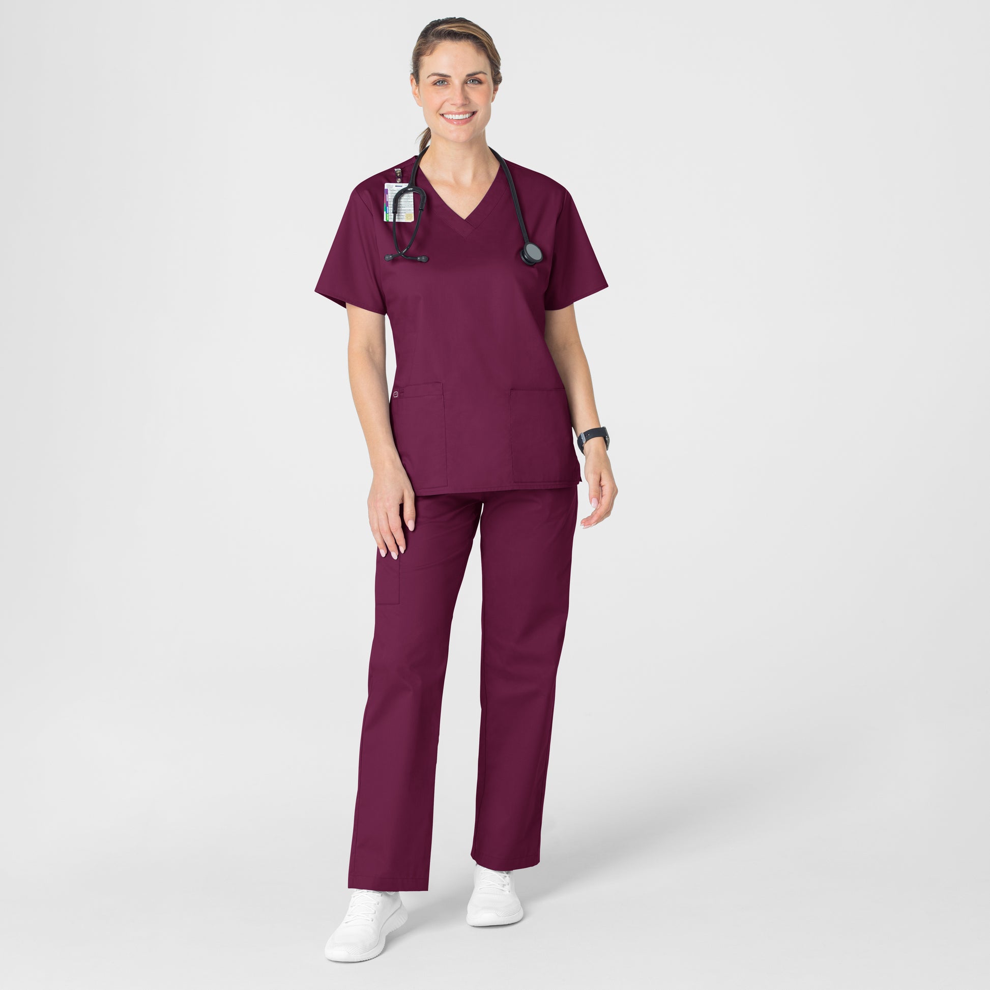 WonderWORK 101 V-Neck Scrub Top Wine Model Image Alternate | Wink