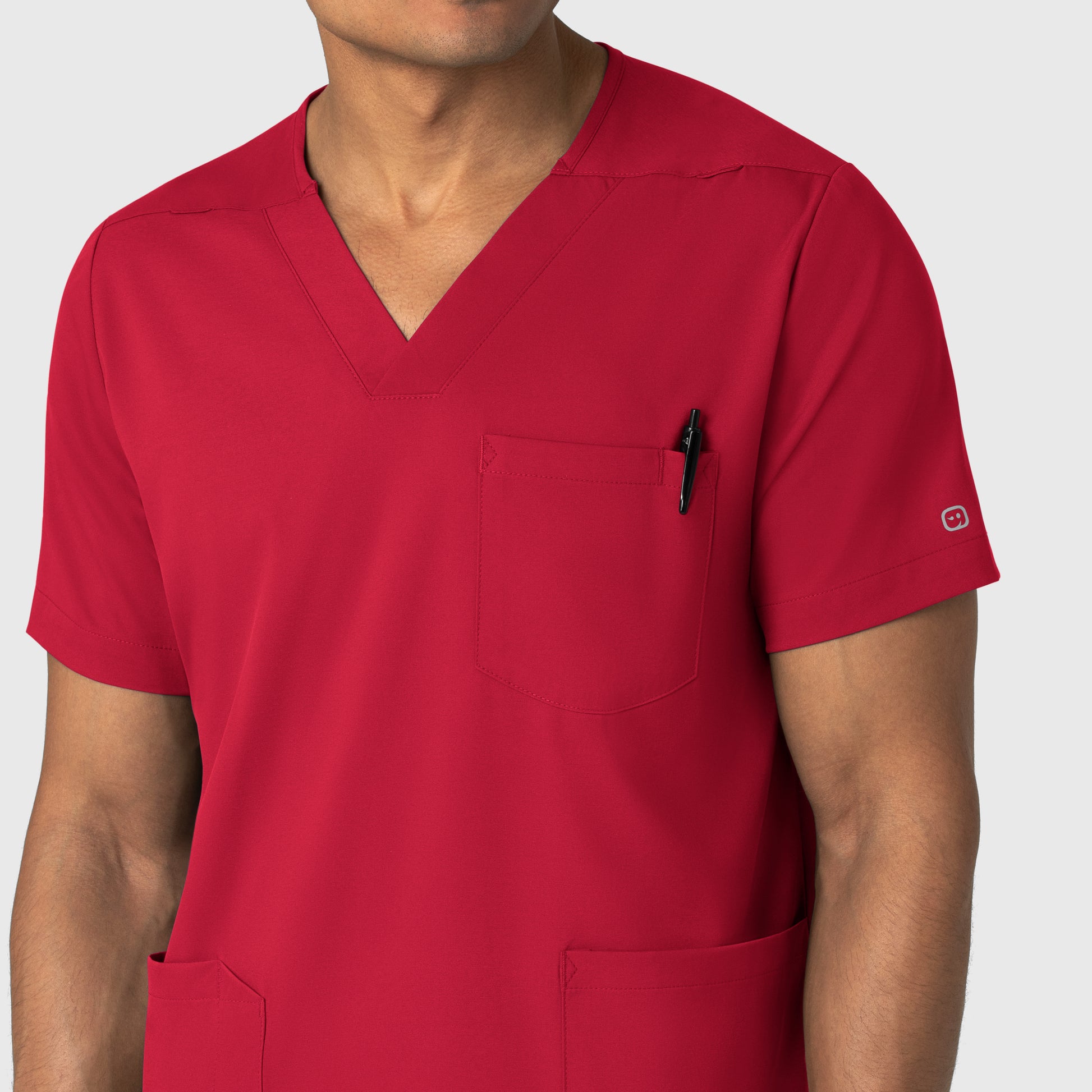 Boundless 6351 Men's Multi Pocket V-Neck Scrub Top Red Model Image Left Side | Wink