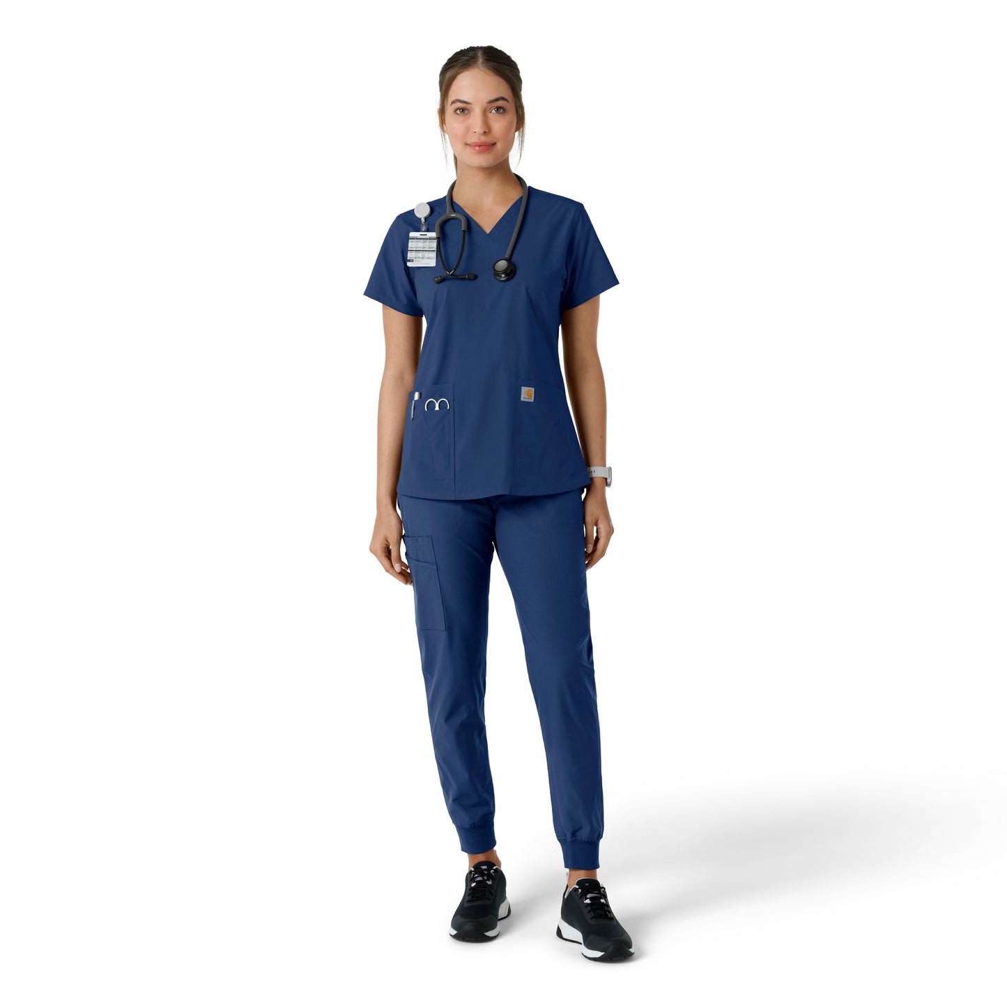 Force Essentials C12313 V-Neck Knit Panel Scrub Top Navy Model Image Right Side | Carhartt