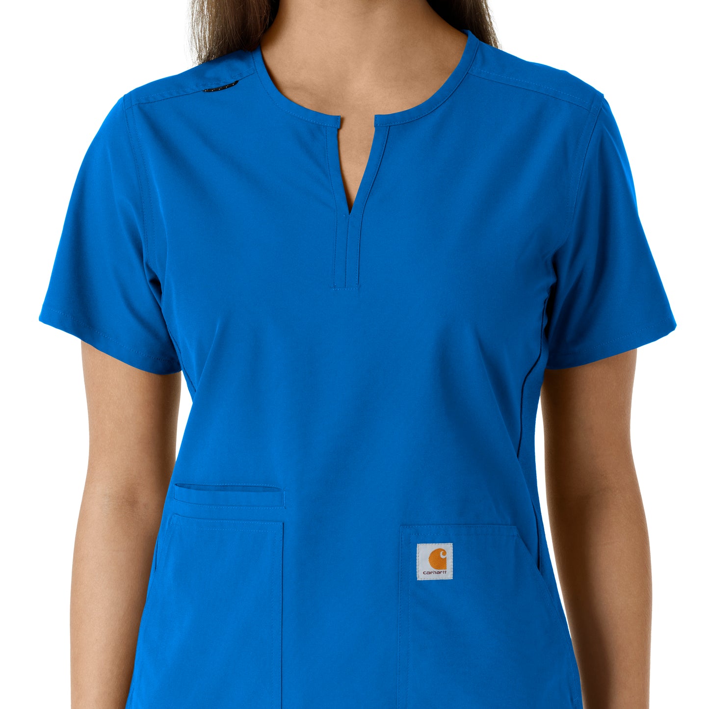 Force Essentials C12413 Notch Neck Tunic Knit Panel Scrub Top Royal Model Image Left Side | Carhartt