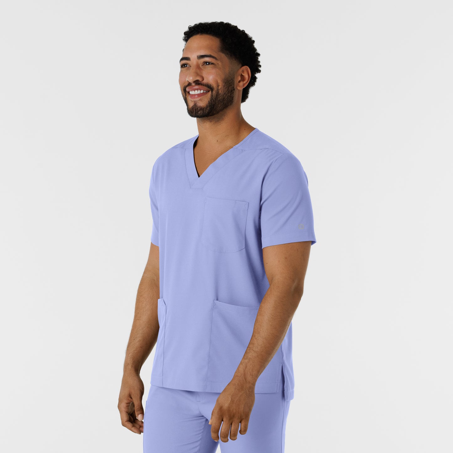 Boundless 6351 Men's Multi Pocket V-Neck Scrub Top Ceil Blue Model Image Right Side | Wink