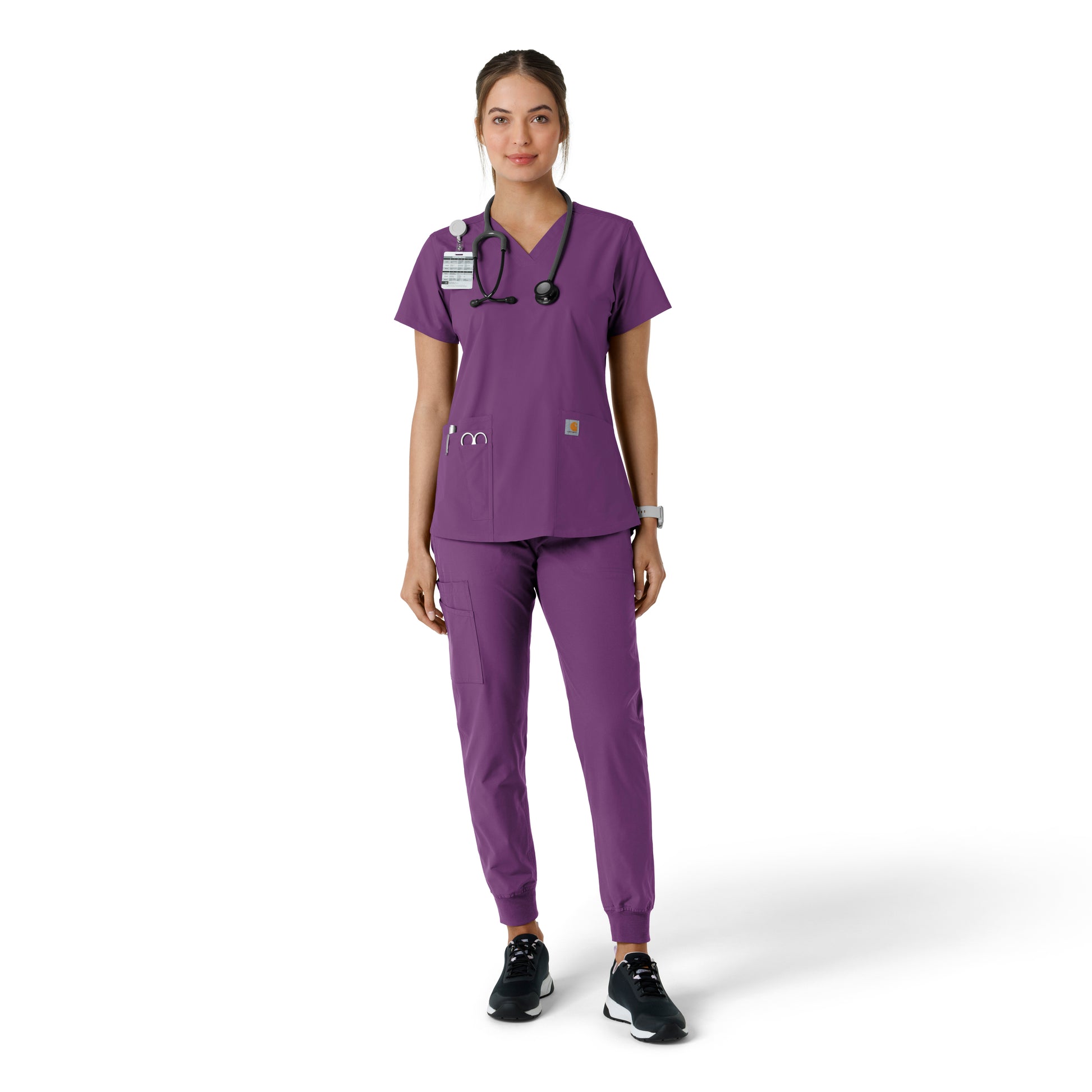 Force Essentials C12313 V-Neck Knit Panel Scrub Top Eggplant Model Image Right Side | Carhartt