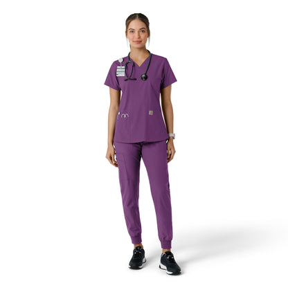 Force Essentials C12313 V-Neck Knit Panel Scrub Top Eggplant Model Image Front | Carhartt