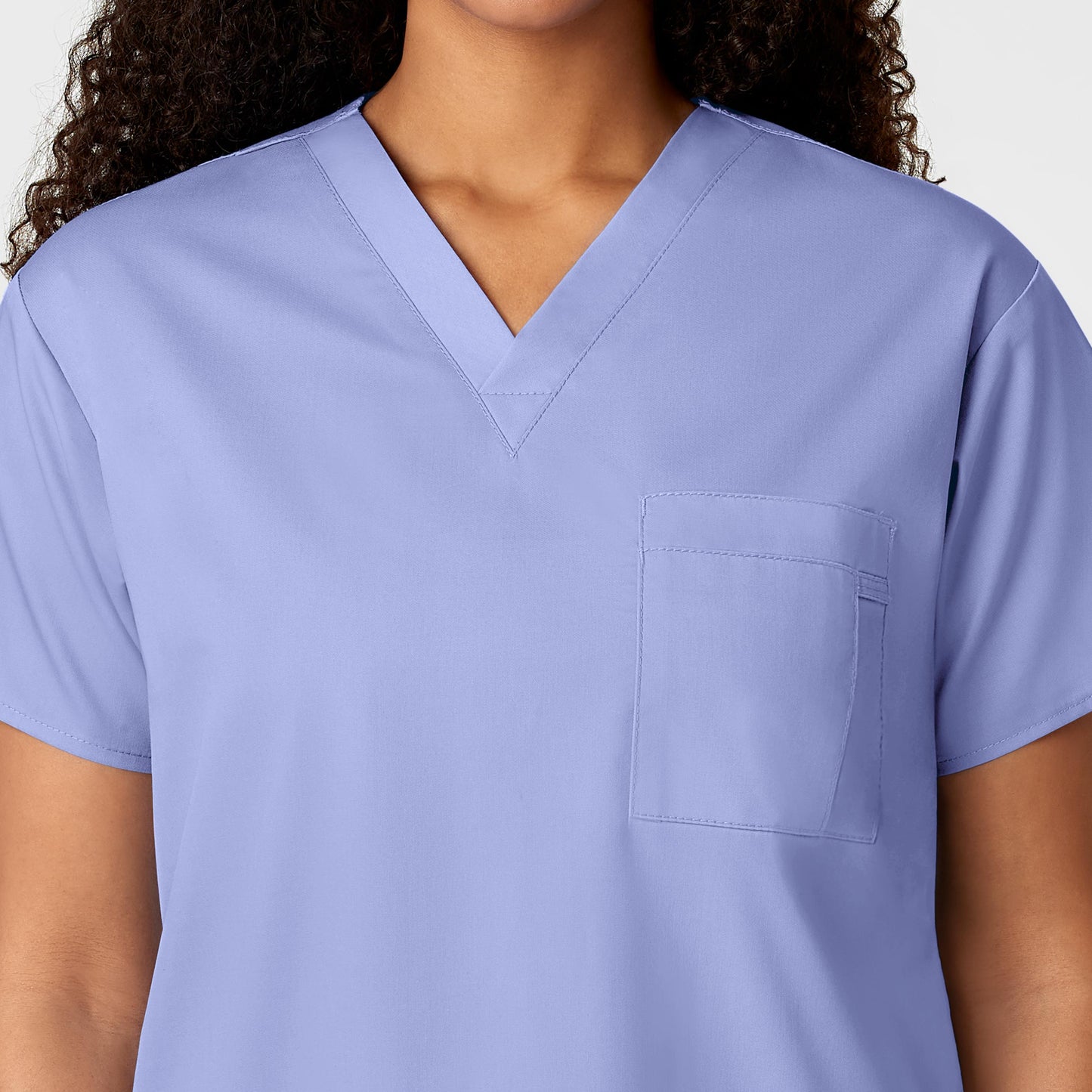 WonderWORK 100 Unisex V-Neck Scrub Top Ceil Blue Model Image Alternate | Wink