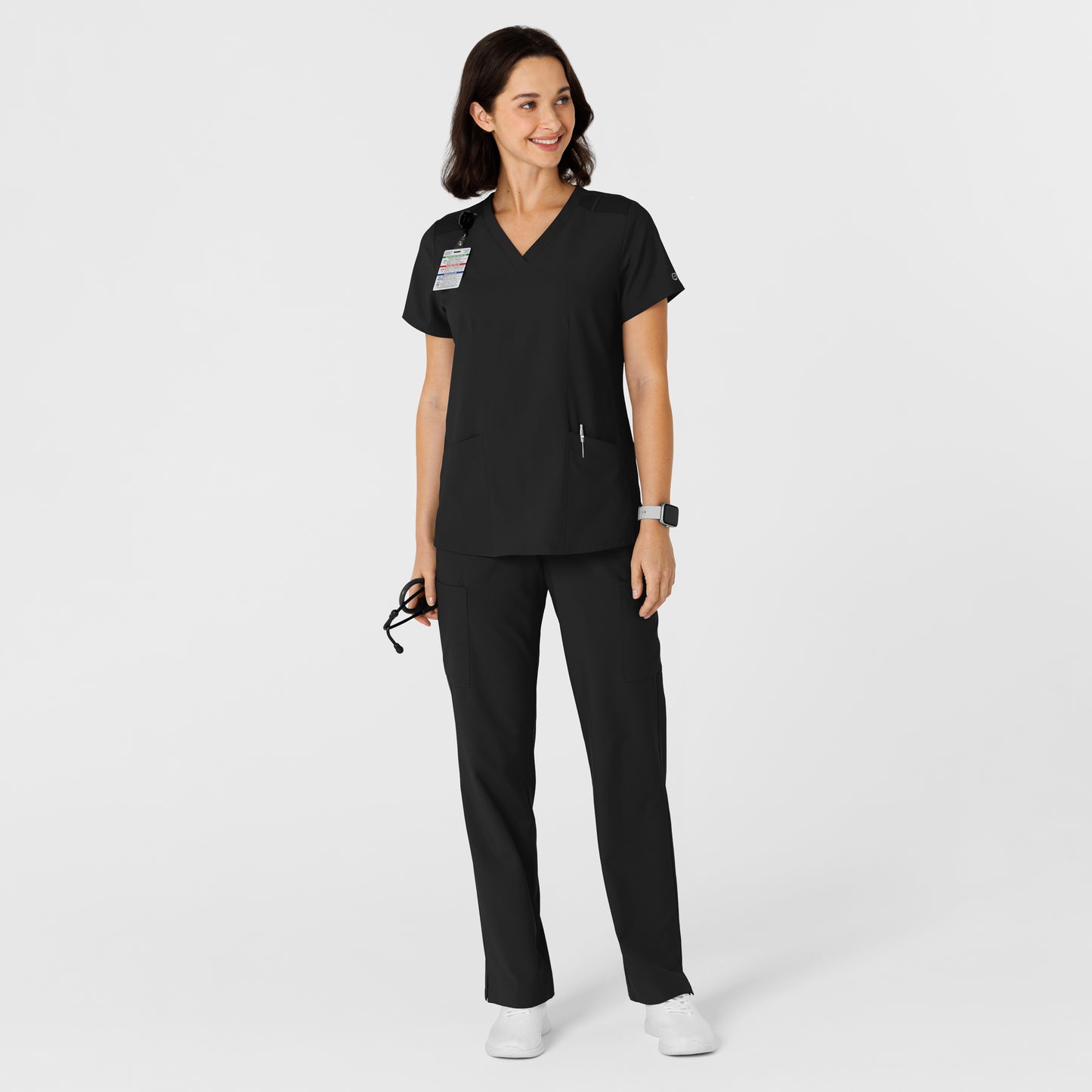 W123 6145 Flex-n-Reach Side Panel V-Neck Scrub Top Black Model Image Alternate | Wink