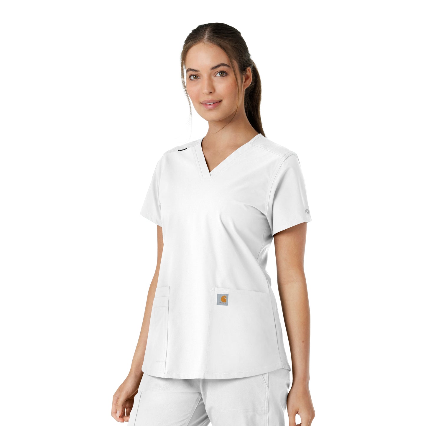 Force Essentials C12313 V-Neck Knit Panel Scrub Top White Model Image Right Side | Carhartt