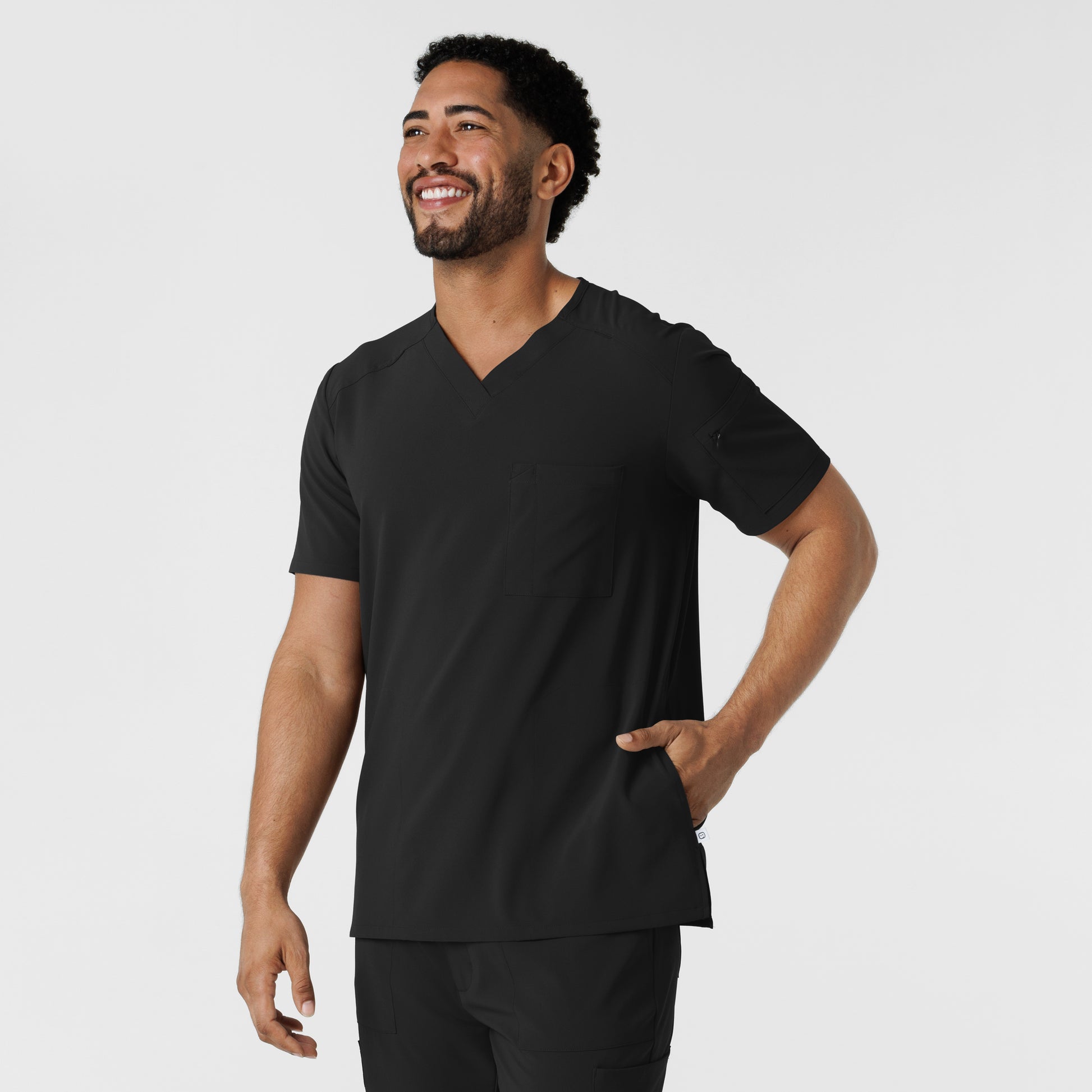 RENEW 6834 Men's V-Neck 5 Pocket Scrub Top Black Model Image Right Side | Wink