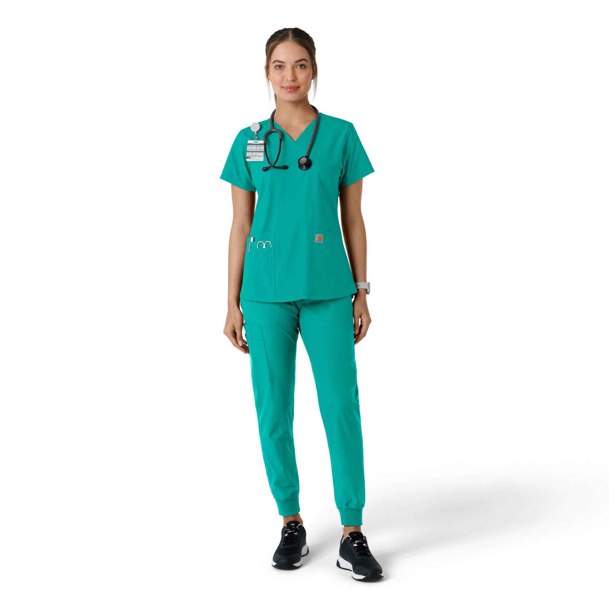 Force Essentials C12313 V-Neck Knit Panel Scrub Top Teal Model Image Right Side | Carhartt