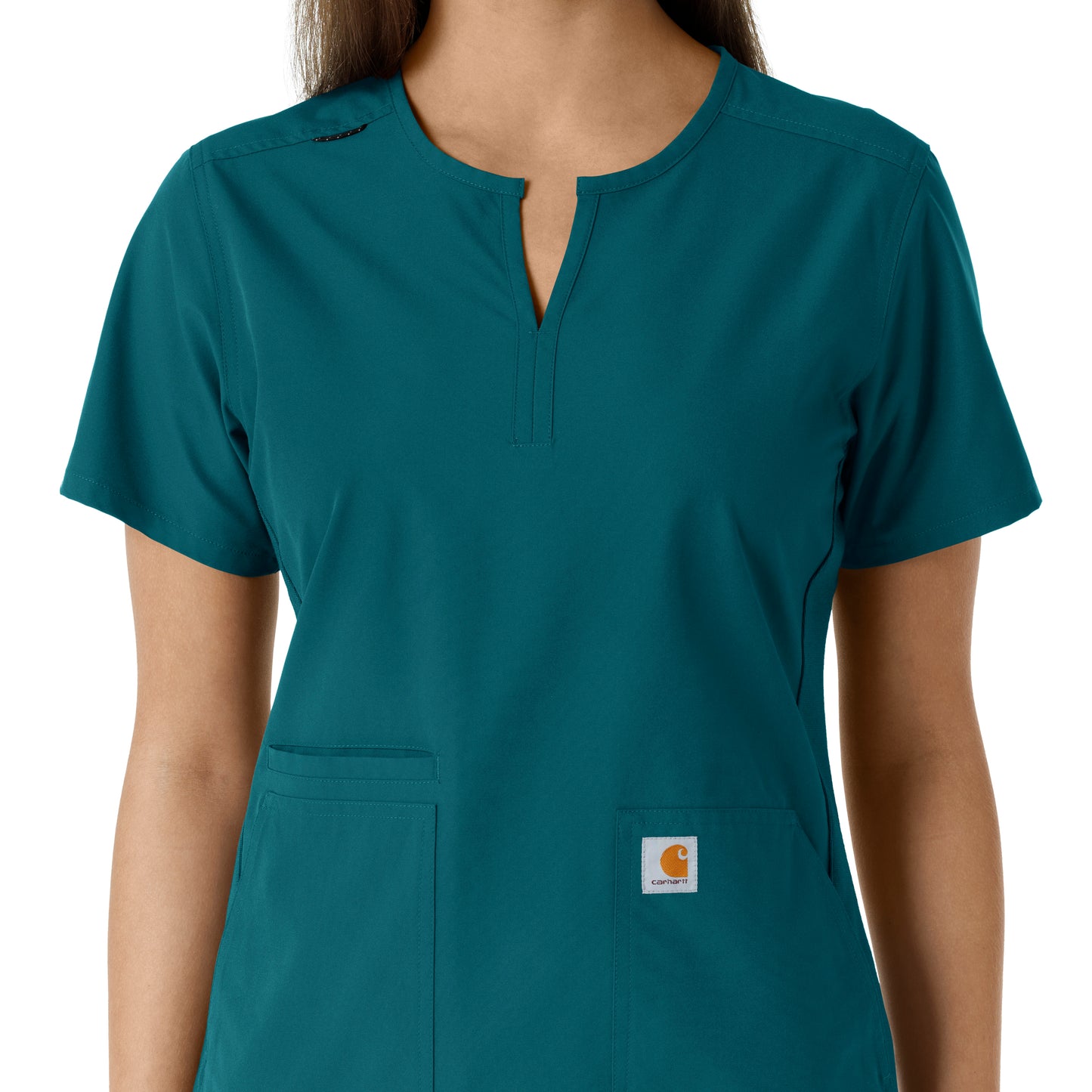 Force Essentials C12413 Notch Neck Tunic Knit Panel Scrub Top Caribbean Model Image Left Side | Carhartt