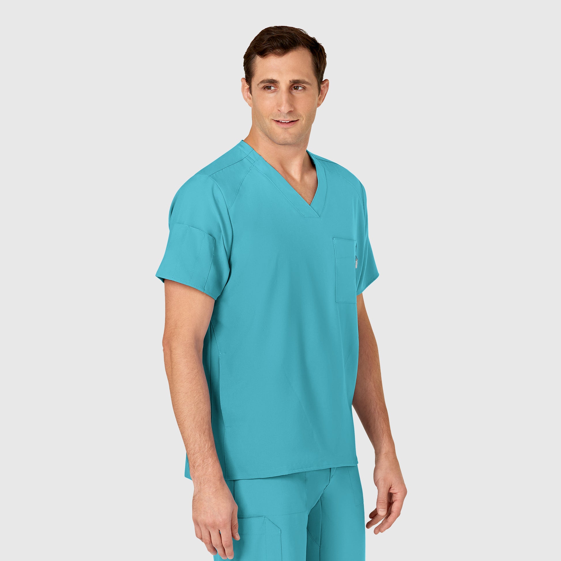 W123 6355 Men's V-Neck Scrub Top Teal Blue Model Image Right Side | Wink