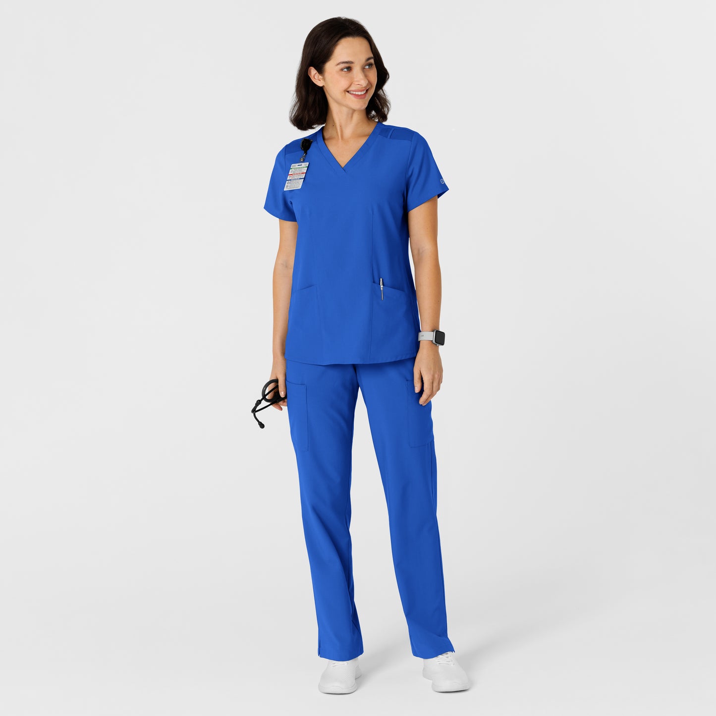 W123 6145 Flex-n-Reach Side Panel V-Neck Scrub Top Royal Model Image Alternate | Wink