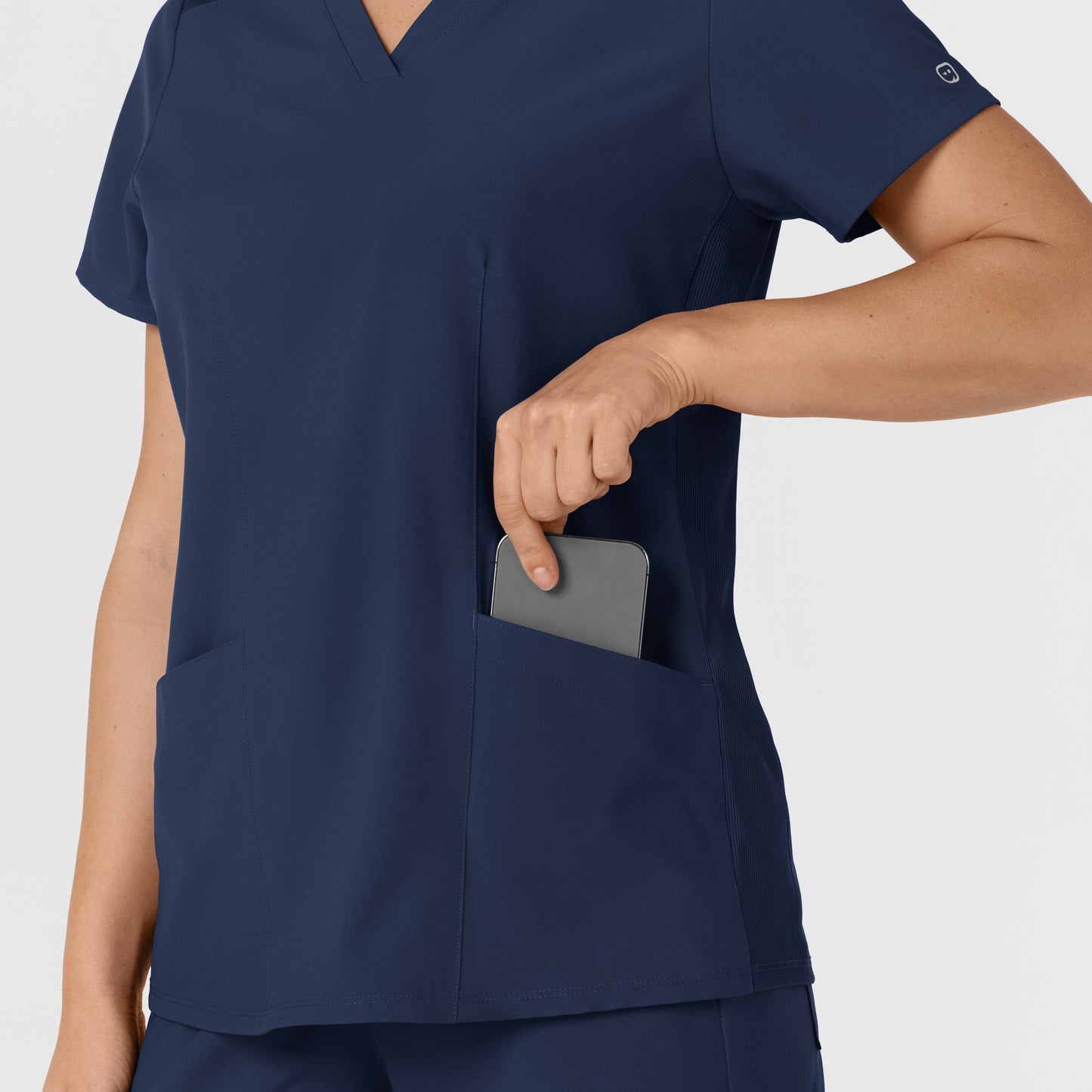 W123 6145 Flex-n-Reach Side Panel V-Neck Scrub Top Navy Model Image Alternate | Wink