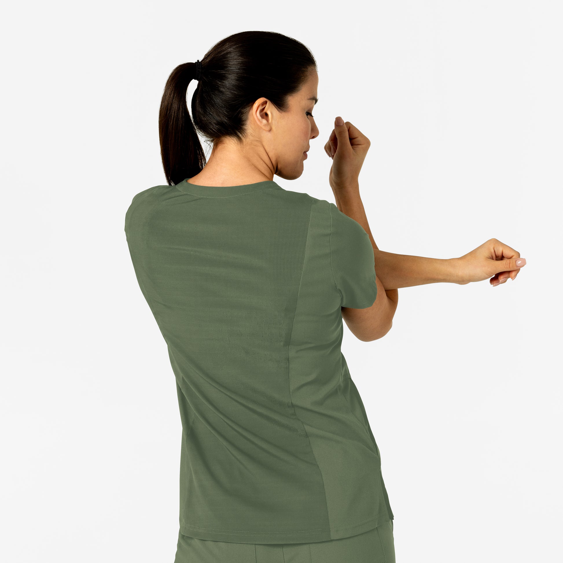 W123 6045 Flex-n-Reach V-Neck Scrub Top Olive Model Image Alternate | Wink