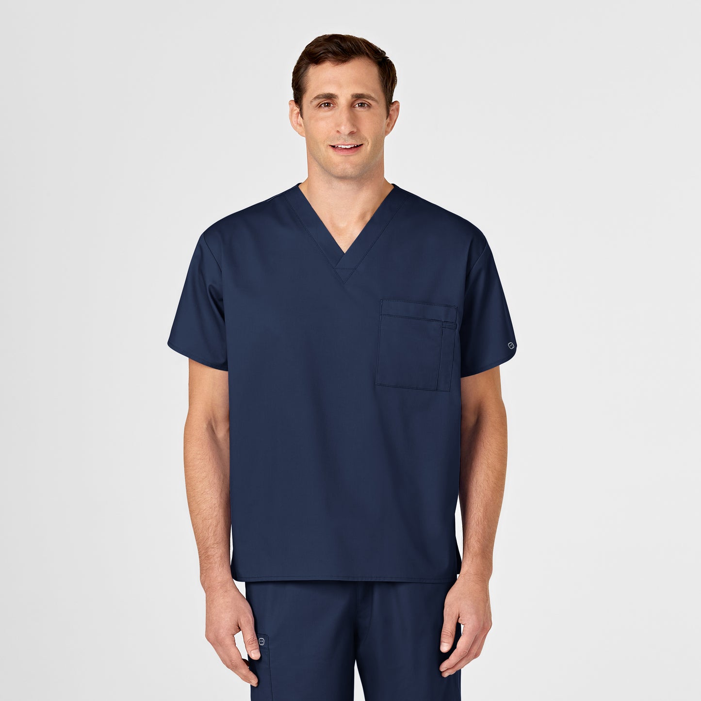 WonderWORK 100 Unisex V-Neck Scrub Top Navy Model Image Alternate | Wink