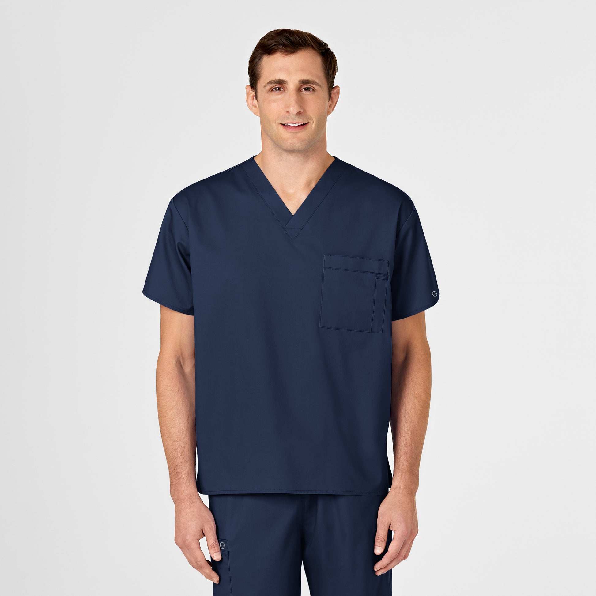 WonderWORK 100 Unisex V-Neck Scrub Top Navy Model Image Left Side | Wink