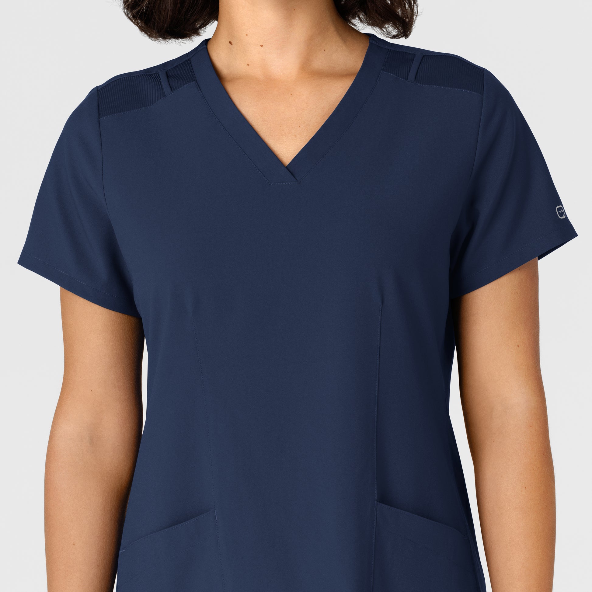 W123 6145 Flex-n-Reach Side Panel V-Neck Scrub Top Navy Model Image Left Side | Wink