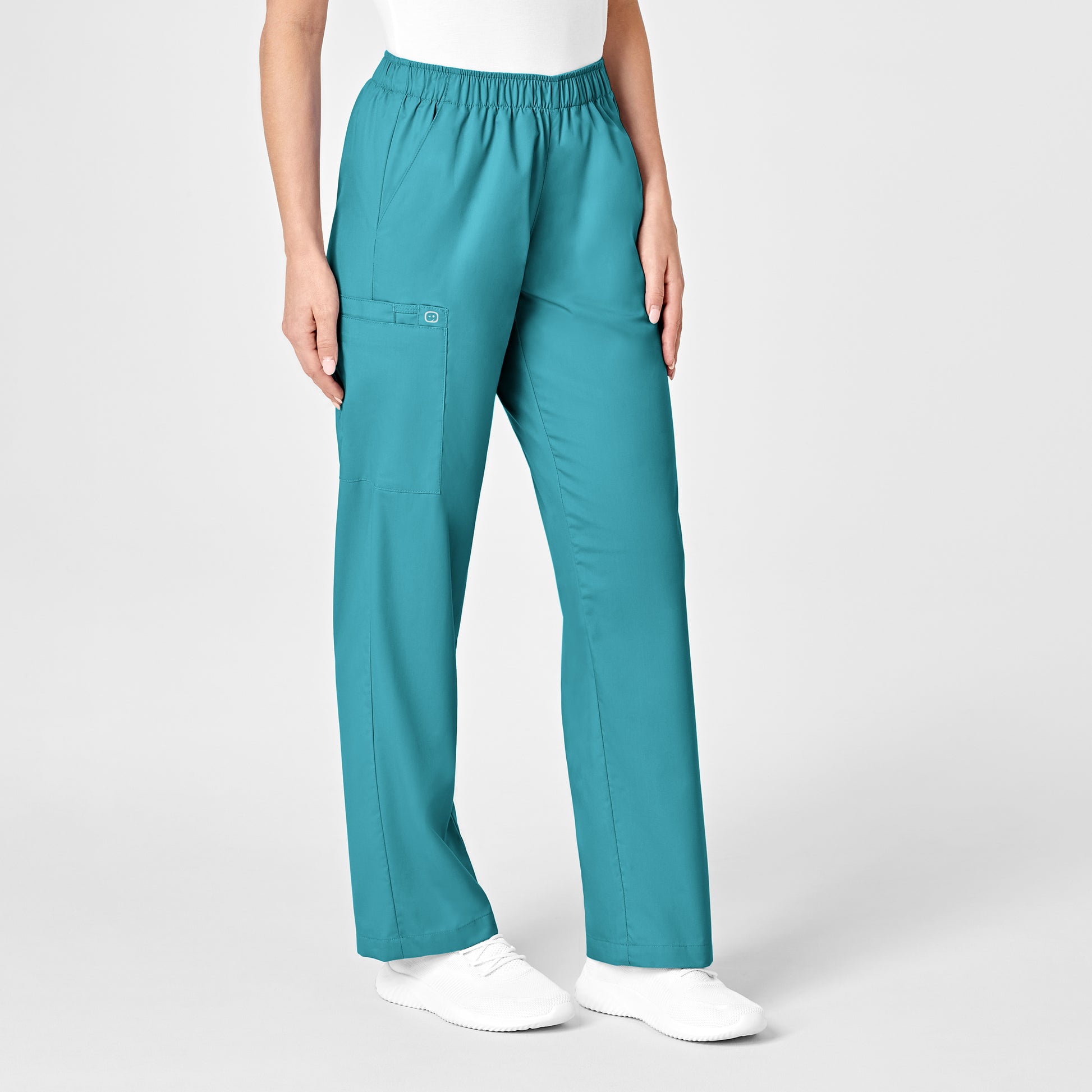 WonderWonderWORK 501 Pull-On Cargo Scrub Pant Teal Blue Model Image Left Side | Wink