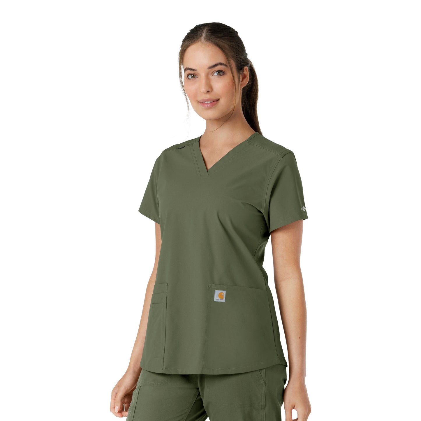 Force Essentials C12313 V-Neck Knit Panel Scrub Top Olive Model Image Right Side | Carhartt