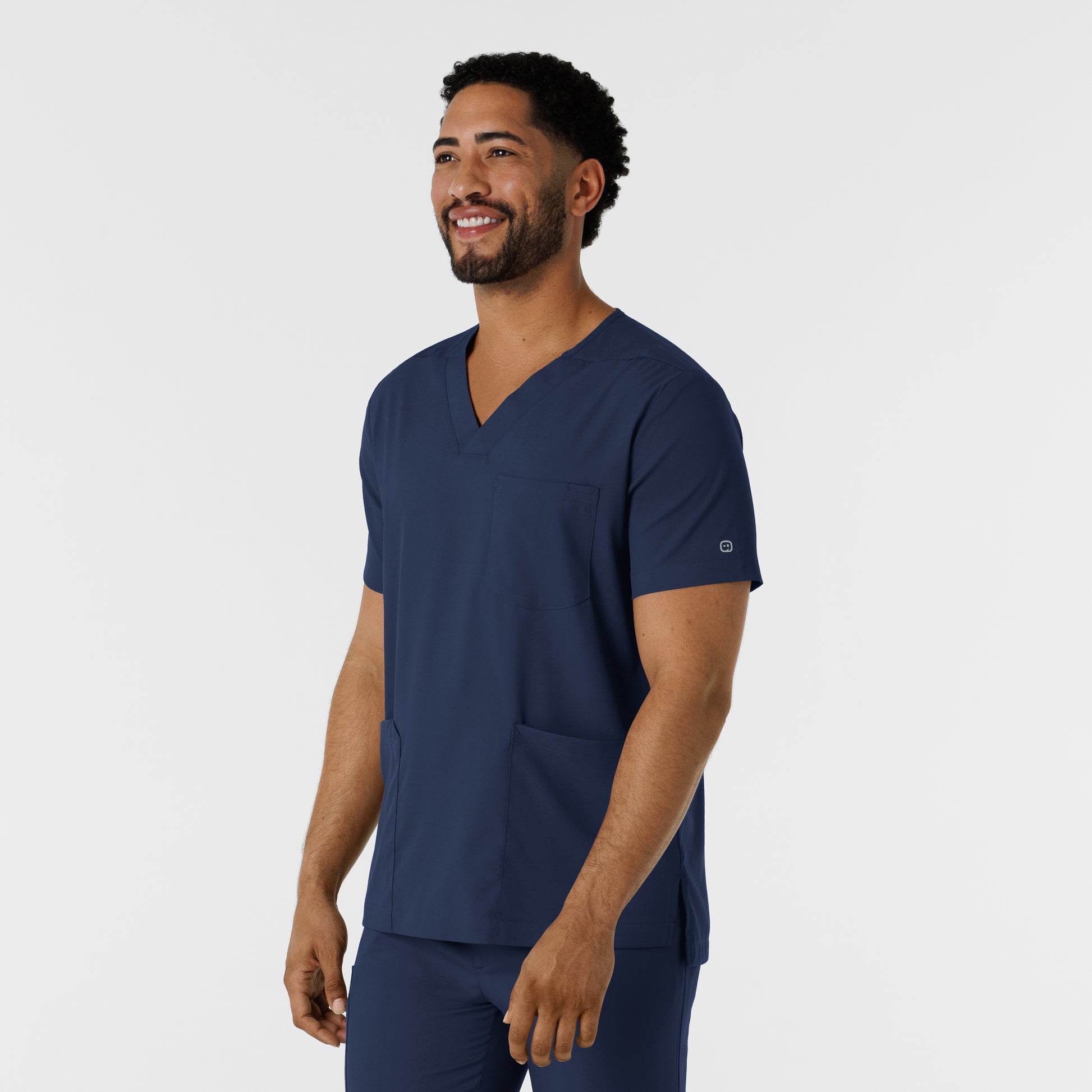 Boundless 6351 Men's Multi Pocket V-Neck Scrub Top Navy Model Image Right Side | Wink