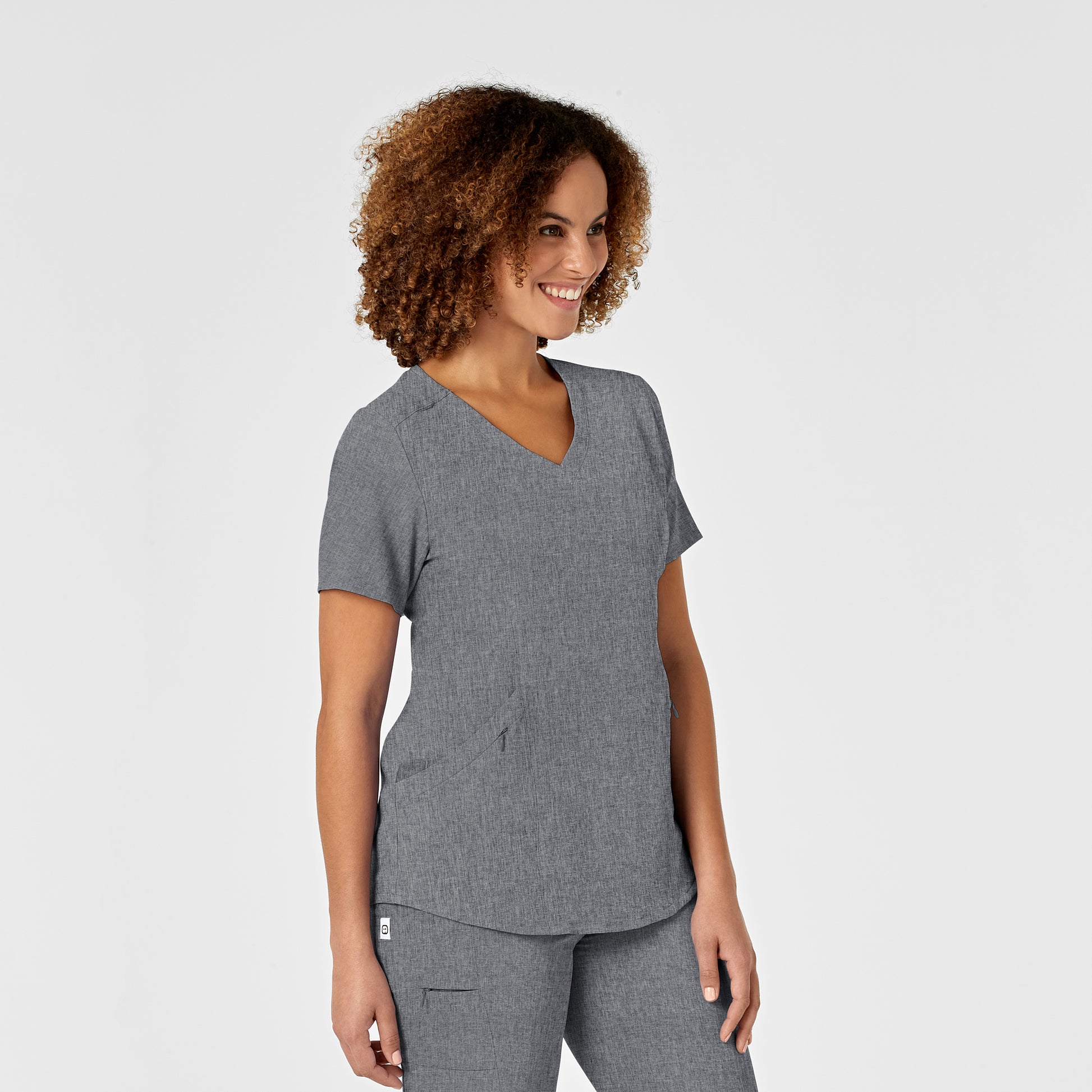 RENEW 6134 V-Neck Scrub Top Grey Heather Model Image Right Side | Wink