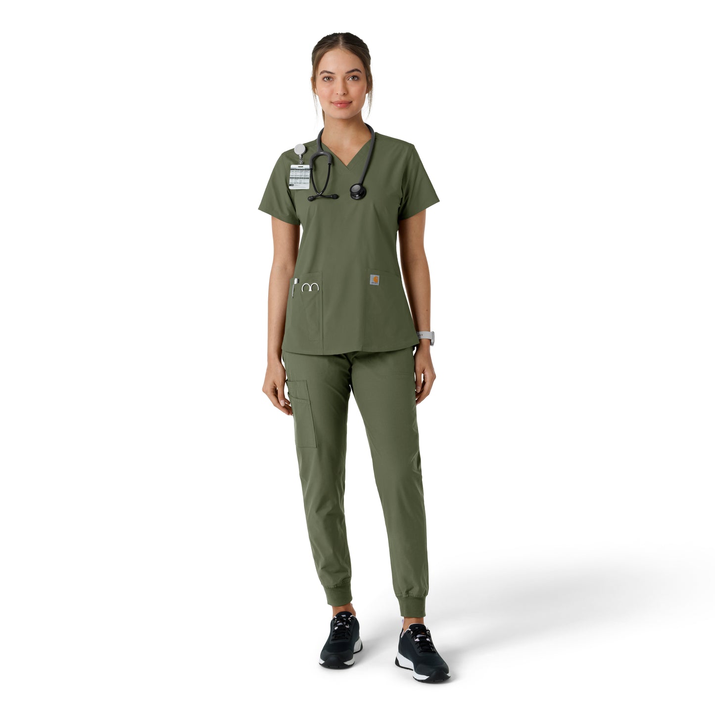 Force Essentials C12313 V-Neck Knit Panel Scrub Top Olive Model Image Right Side | Carhartt