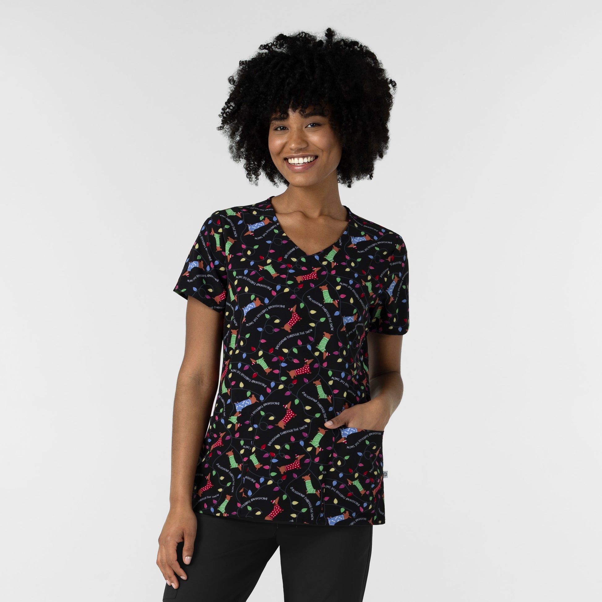 Fashion Prints 6147 Women's V-Neck Print Scrub Top Deck the Dogs