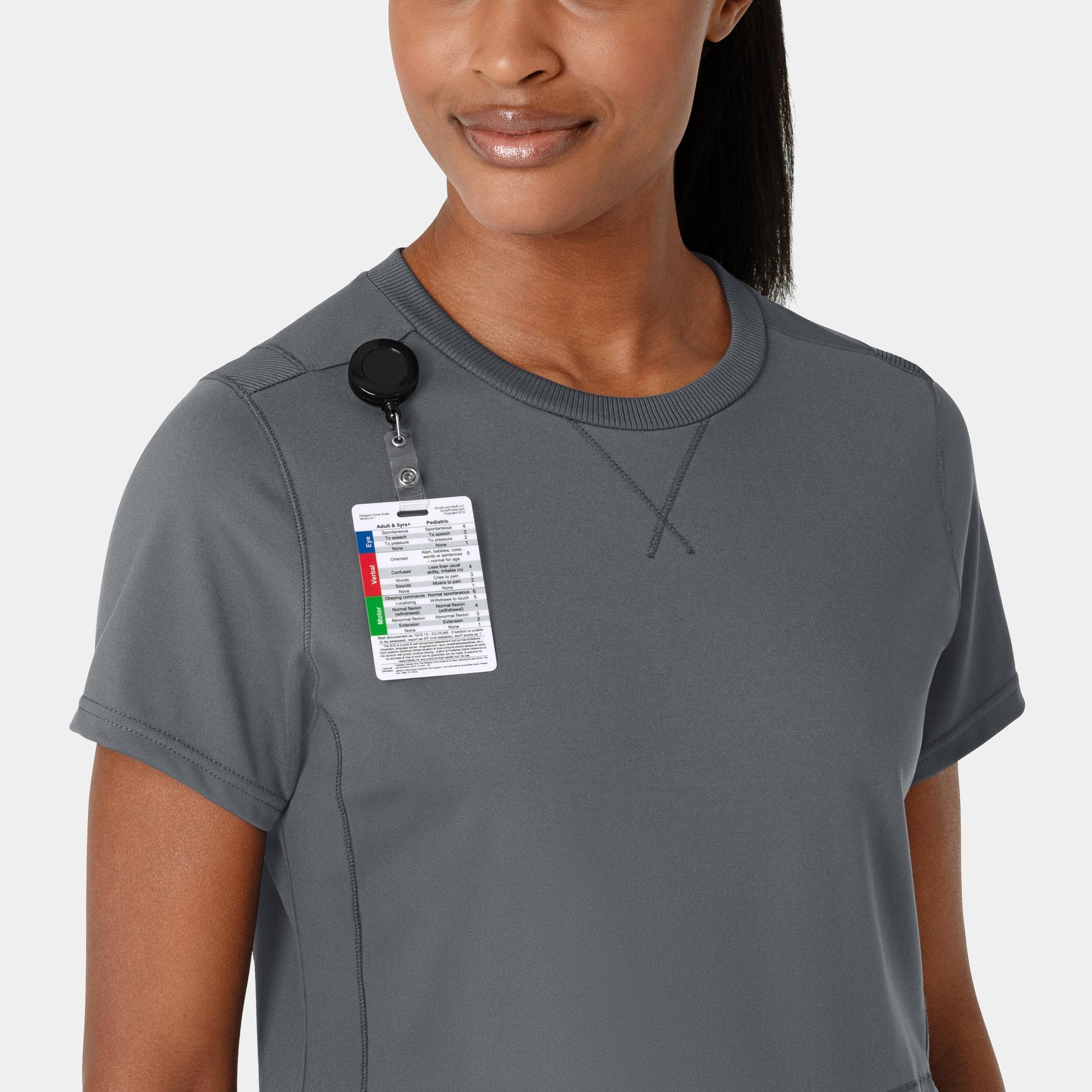 RENEW 6359 Knit Flex-n-Reach Crew Neck Scrub Top Pewter Model Image Left Side | Wink