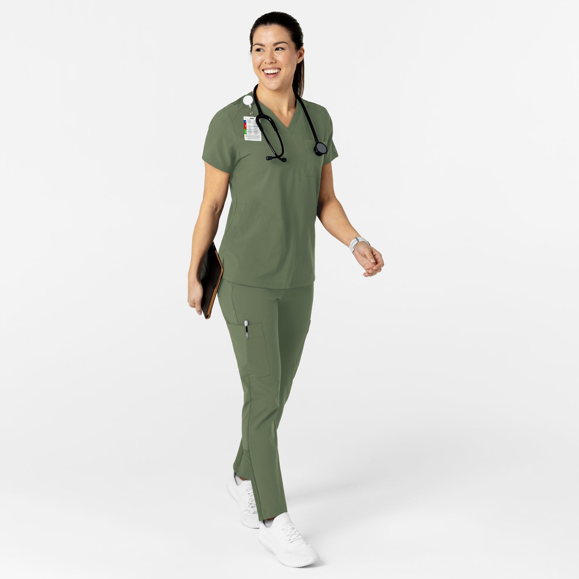 W123 6045 Flex-n-Reach V-Neck Scrub Top Olive Model Image Alternate | Wink