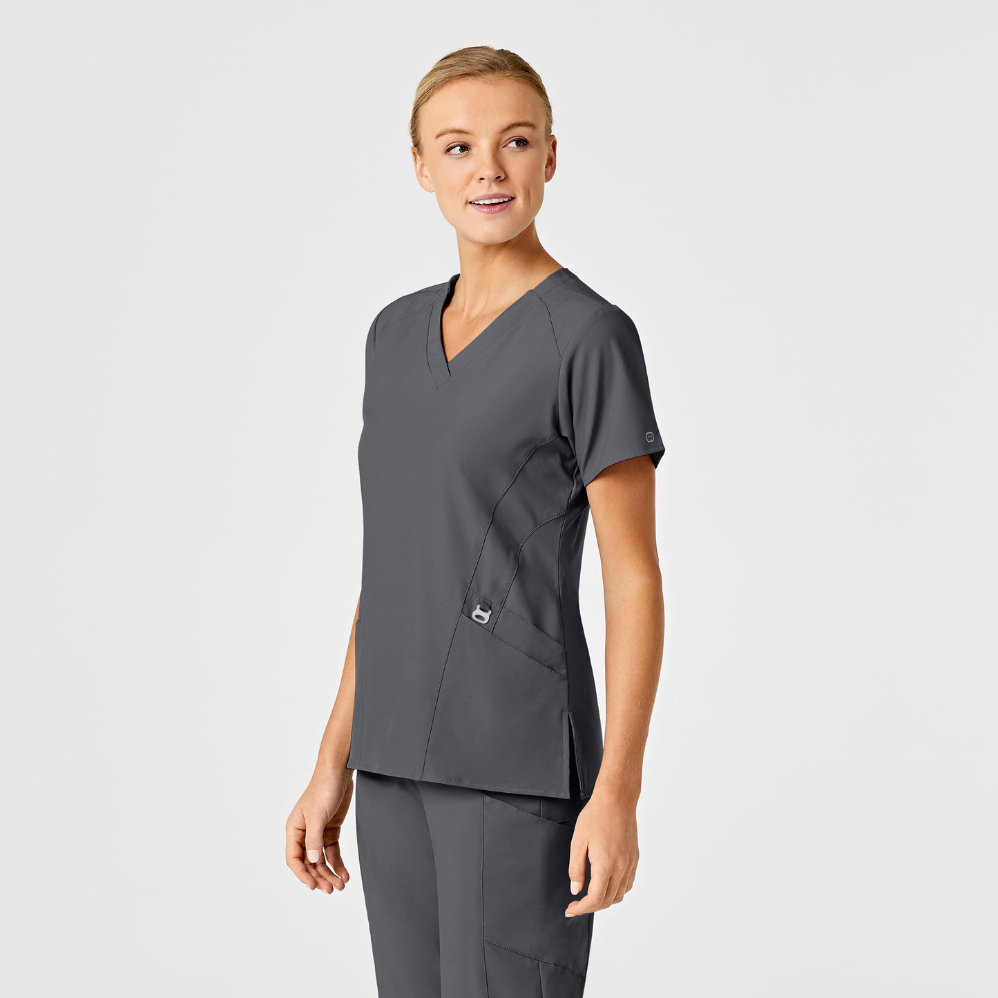 W123 6155 Stylized V-Neck Scrub Top Pewter Model Image Left Side | Wink