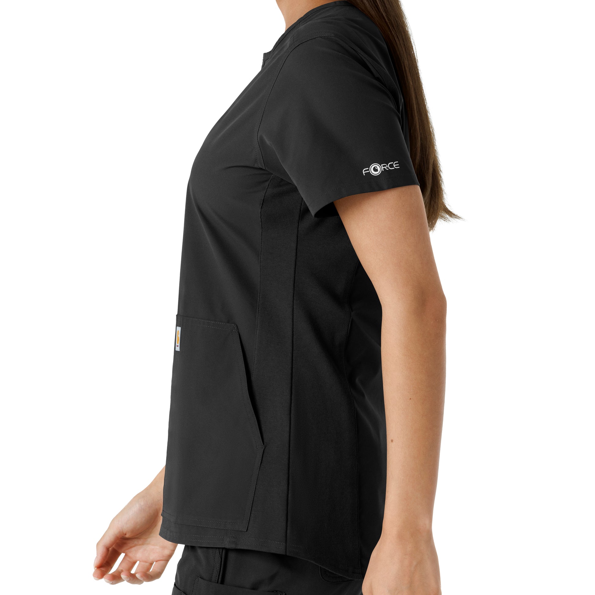 Force Essentials C12413 Notch Neck Tunic Knit Panel Scrub Top Black Model Image Alternate | Carhartt