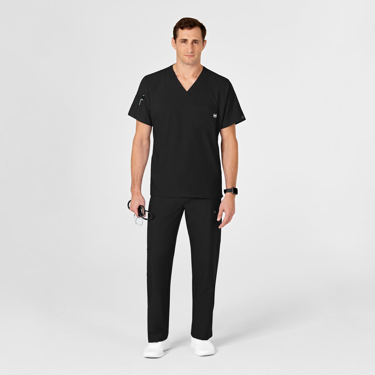 W123 6355 Men's V-Neck Scrub Top Black Model Image Right Side | Wink