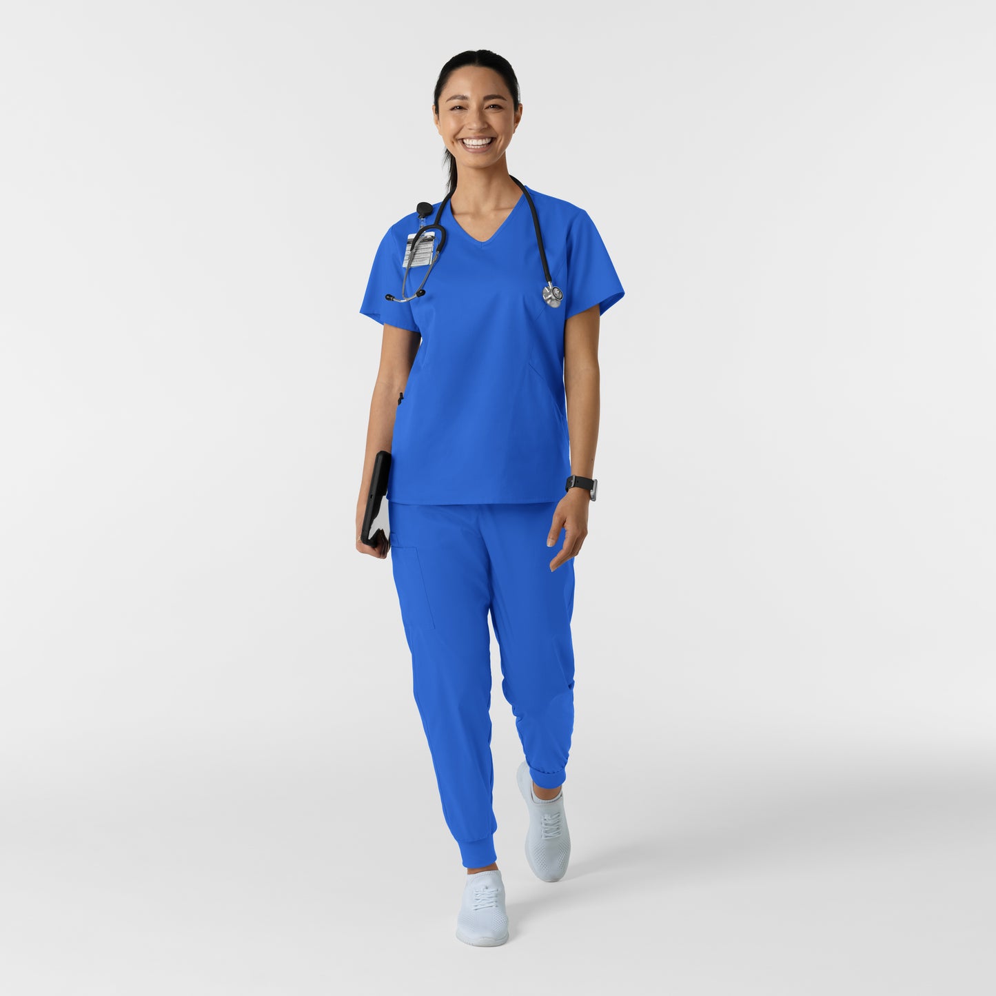 WonderWORK 106 Curved V-Neck Scrub Top Royal Model Image Right Side | Wink