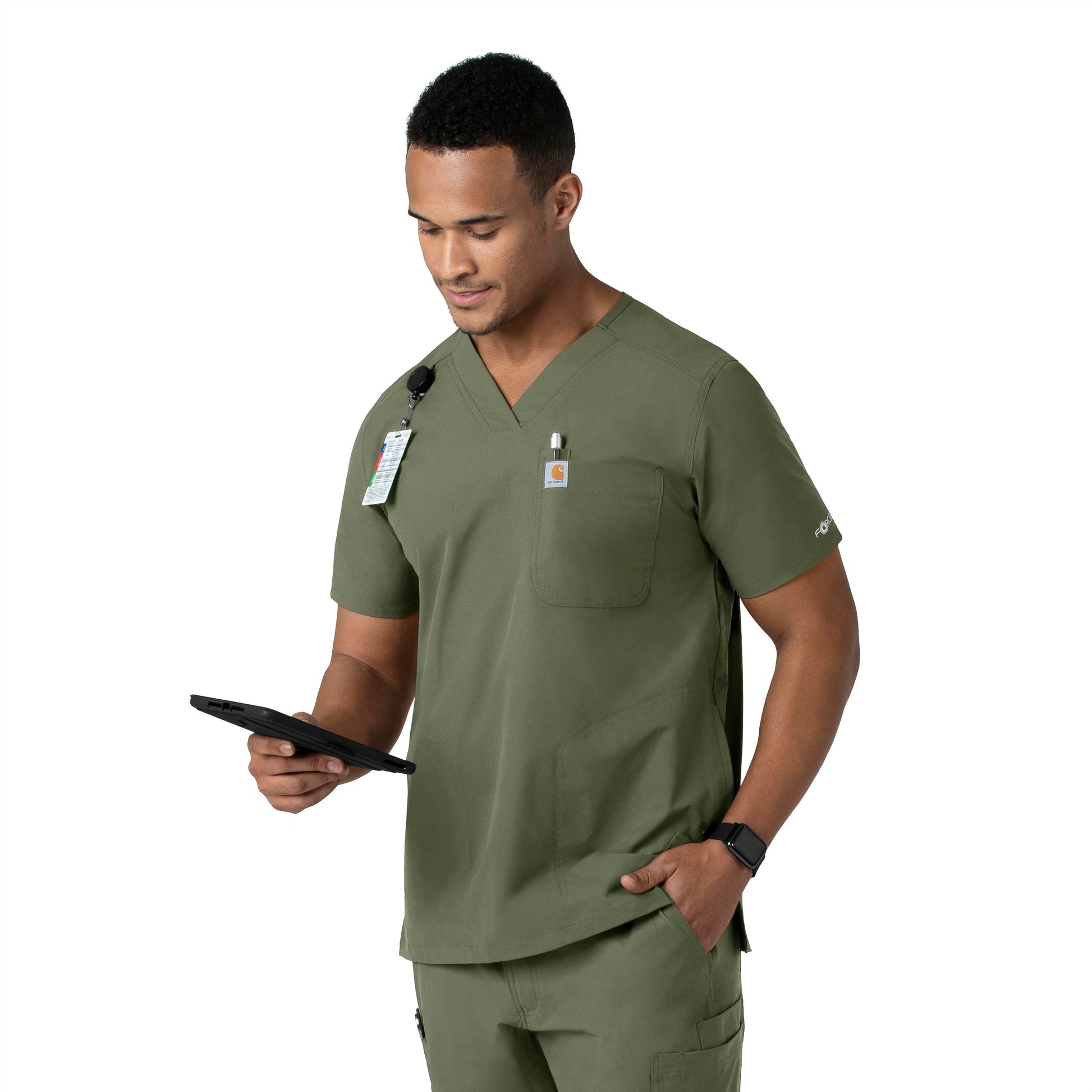 Force Essentials C16113 Men's V-Neck Shirttail Scrub Top Olive Model Image Right Side | Carhartt