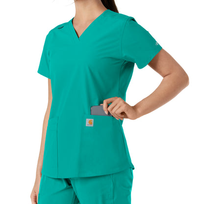 Force Essentials C12313 V-Neck Knit Panel Scrub Top Teal Model Image Alternate | Carhartt