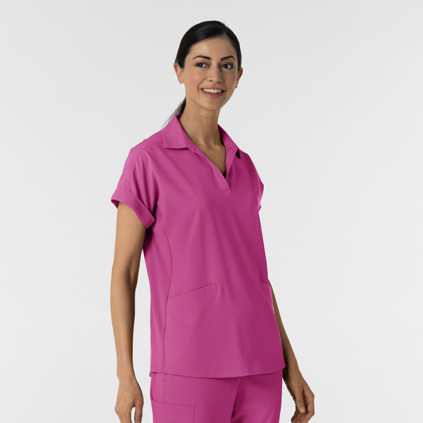 RENEW 6934 Women’s Flex-n-Reach Collared Scrub Top Raspberry Model Image Right Side | Wink